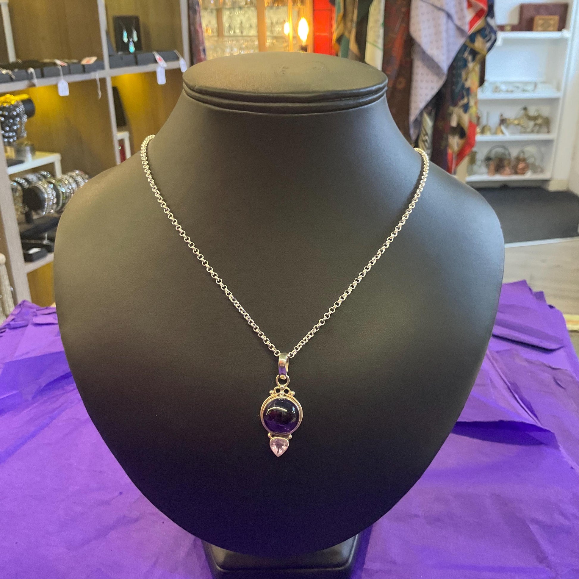 Vintage Amethyst and Silver (925) Pendant, Artisan made with new silver plated chain