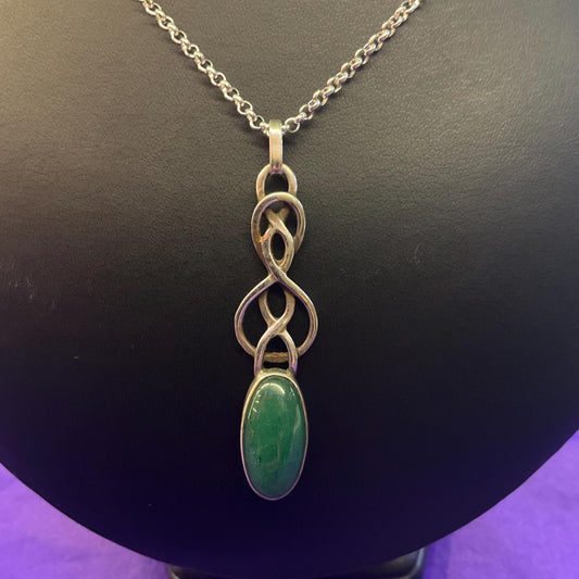 Vintage Silver (925) and Nephride Jade Large Celtic Style Pendant, Artisan made with a silver plated belcher chain