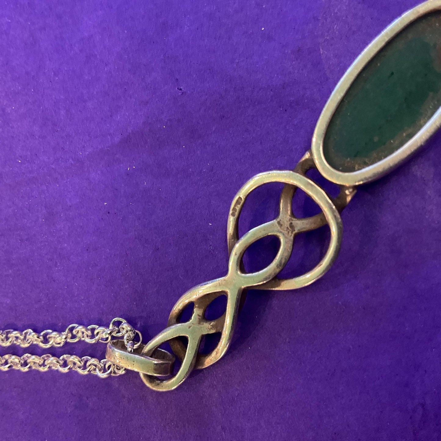Vintage Silver (925) and Nephride Jade Large Celtic Style Pendant, Artisan made with a silver plated belcher chain
