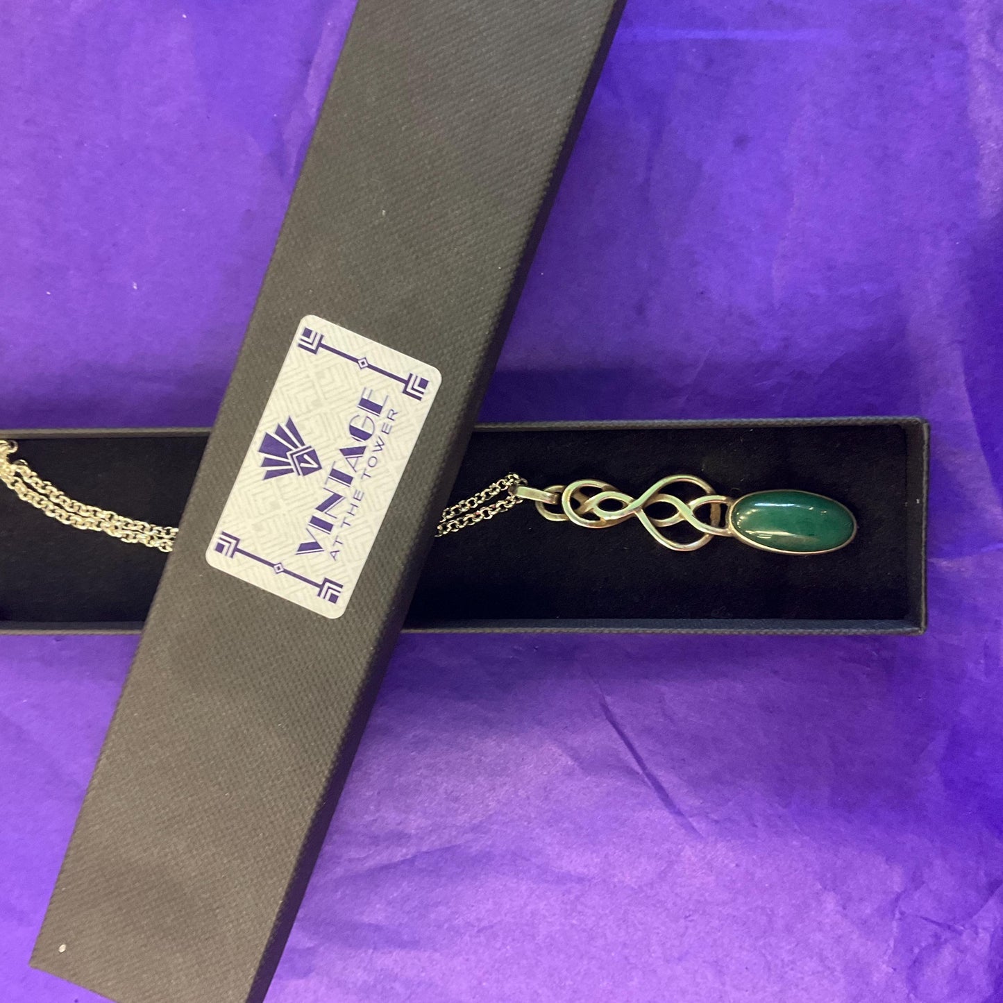 Vintage Silver (925) and Nephride Jade Large Celtic Style Pendant, Artisan made with a silver plated belcher chain