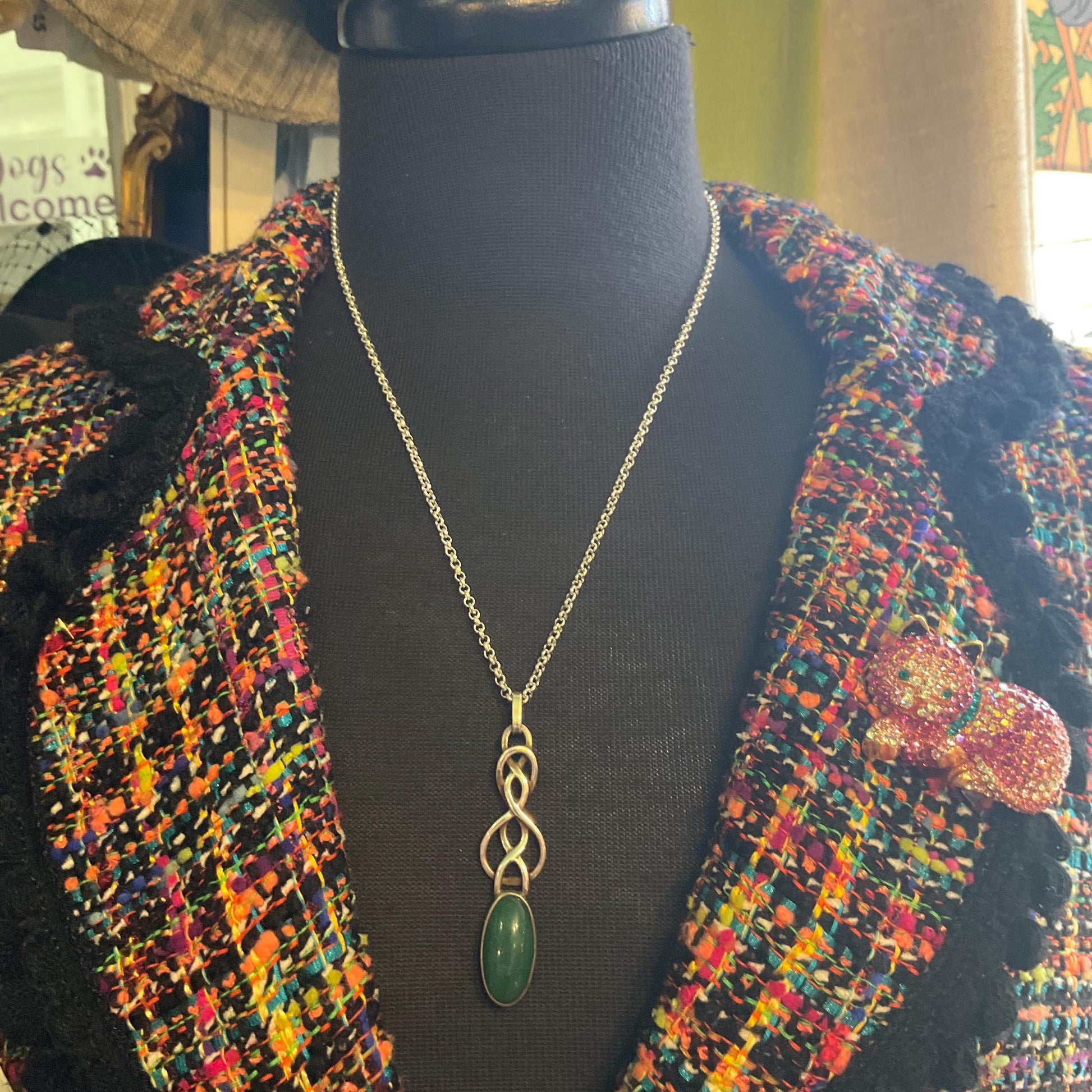 Vintage Silver (925) and Nephride Jade Large Celtic Style Pendant, Artisan made with a silver plated belcher chain