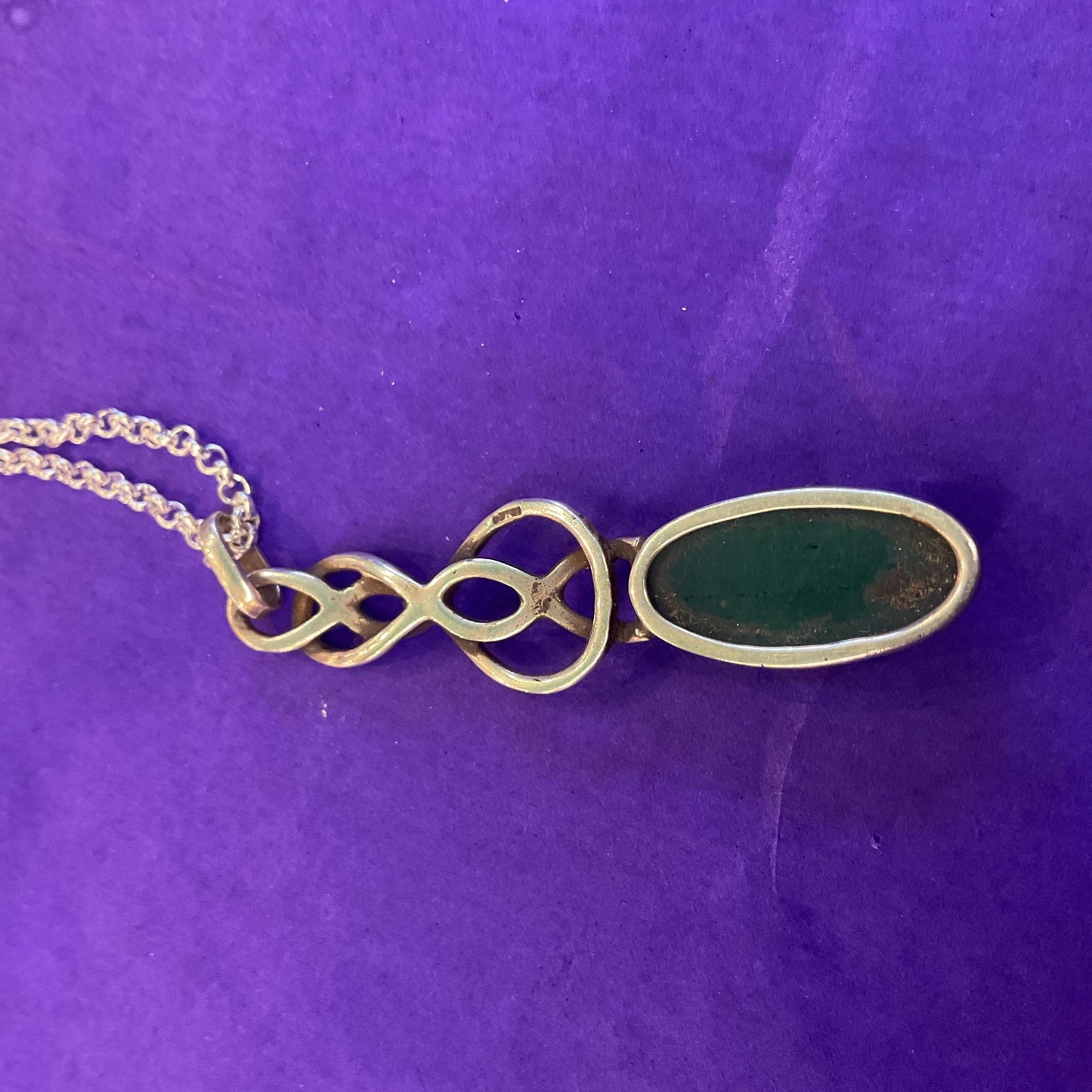 Vintage Silver (925) and Nephride Jade Large Celtic Style Pendant, Artisan made with a silver plated belcher chain
