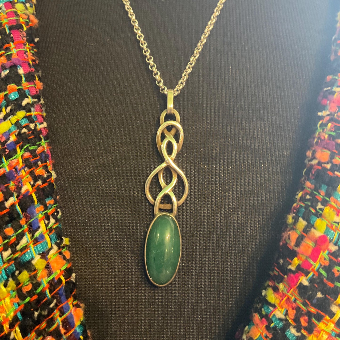 Vintage Silver (925) and Nephride Jade Large Celtic Style Pendant, Artisan made with a silver plated belcher chain
