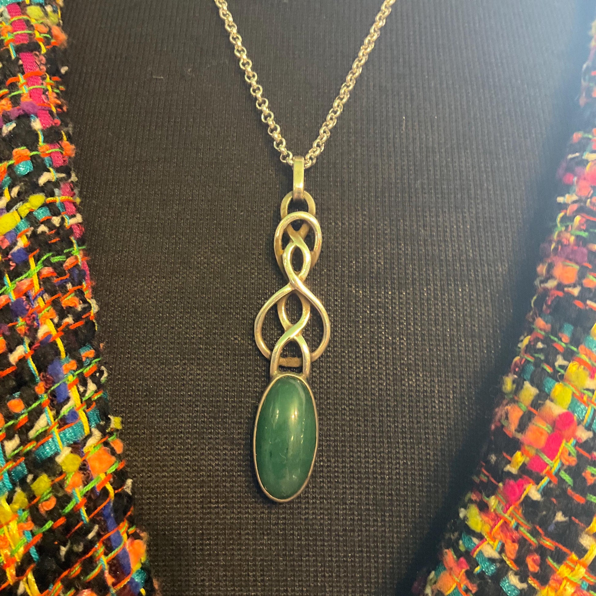 Vintage Silver (925) and Nephride Jade Large Celtic Style Pendant, Artisan made with a silver plated belcher chain