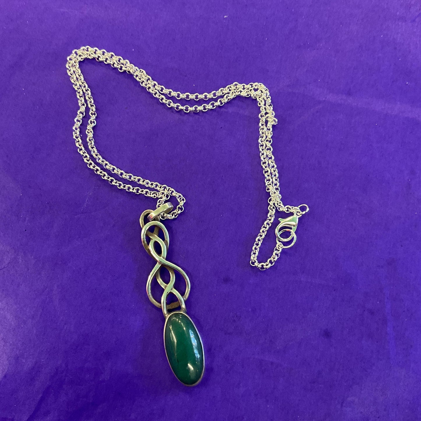 Vintage Silver (925) and Nephride Jade Large Celtic Style Pendant, Artisan made with a silver plated belcher chain