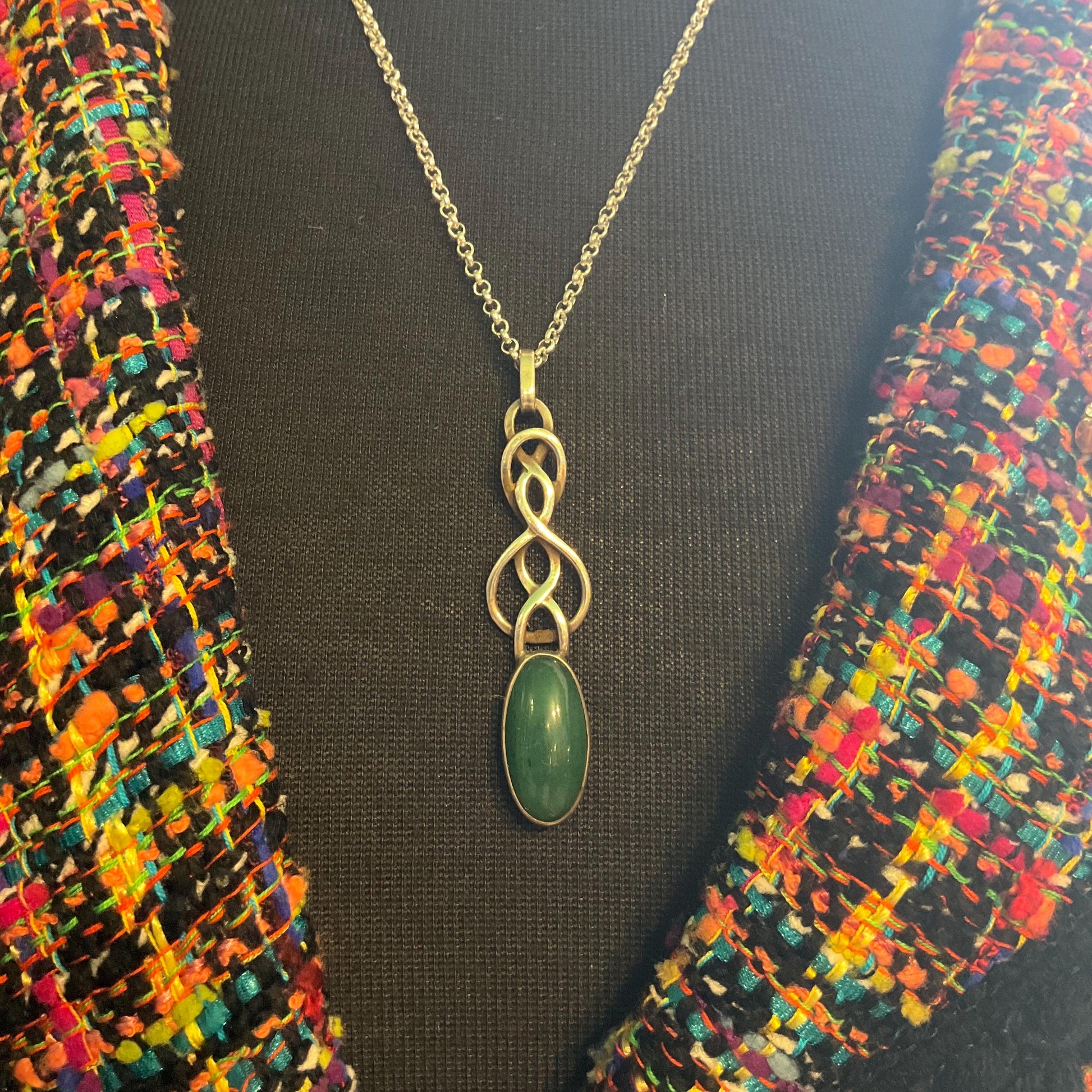Vintage Silver (925) and Nephride Jade Large Celtic Style Pendant, Artisan made with a silver plated belcher chain