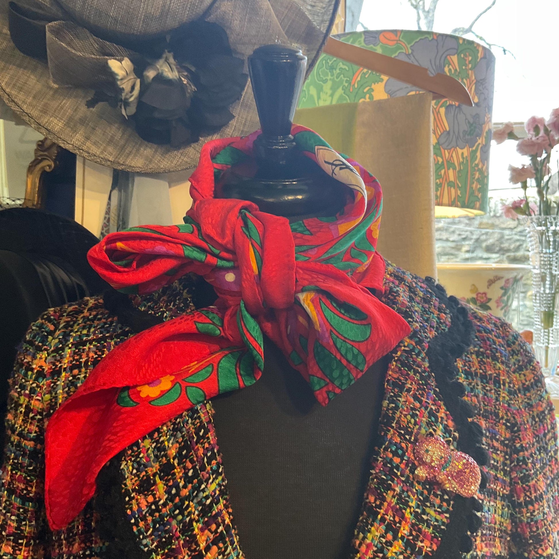 Vintage YVES ST LAURENT 1970s/80s Large Pure Cairè Silk Scarf , vibrant stylised floral design