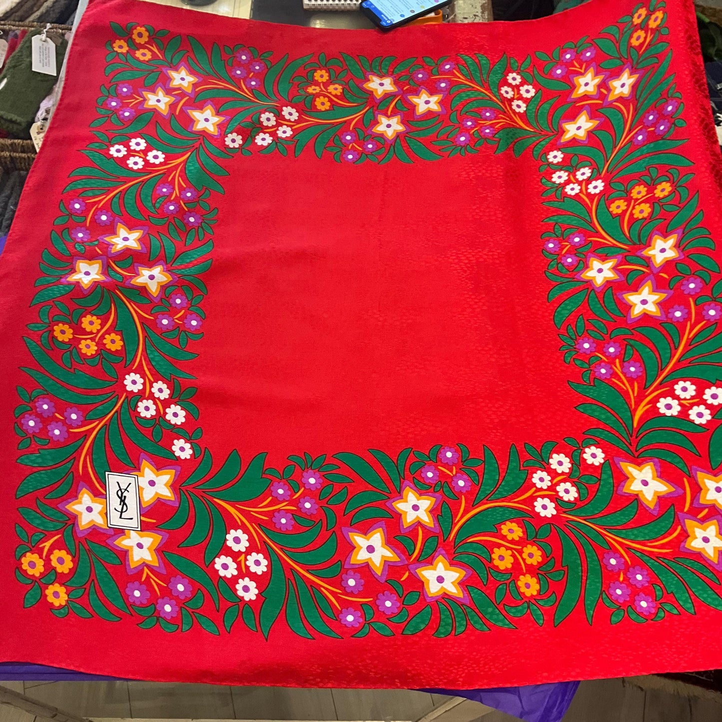 Vintage YVES ST LAURENT 1970s/80s Large Pure Cairè Silk Scarf , vibrant stylised floral design