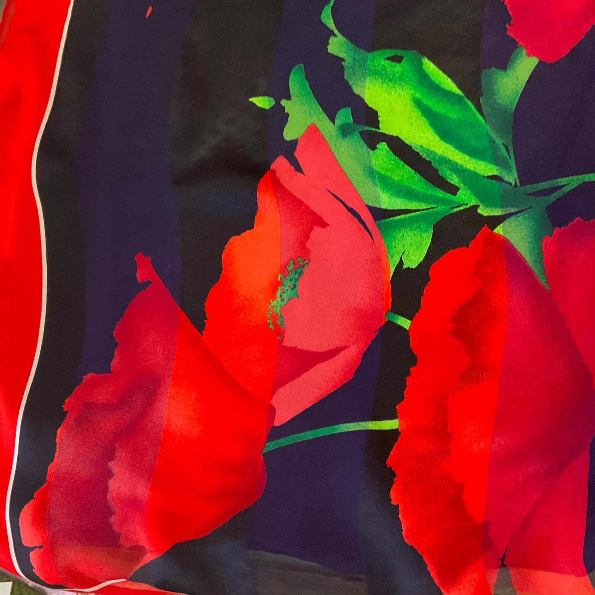 Vintage JAEGER Large Pure Silk Chiffon Devorè Poppies Print Scarf, Vibrant poppy print with hand rolled hem
