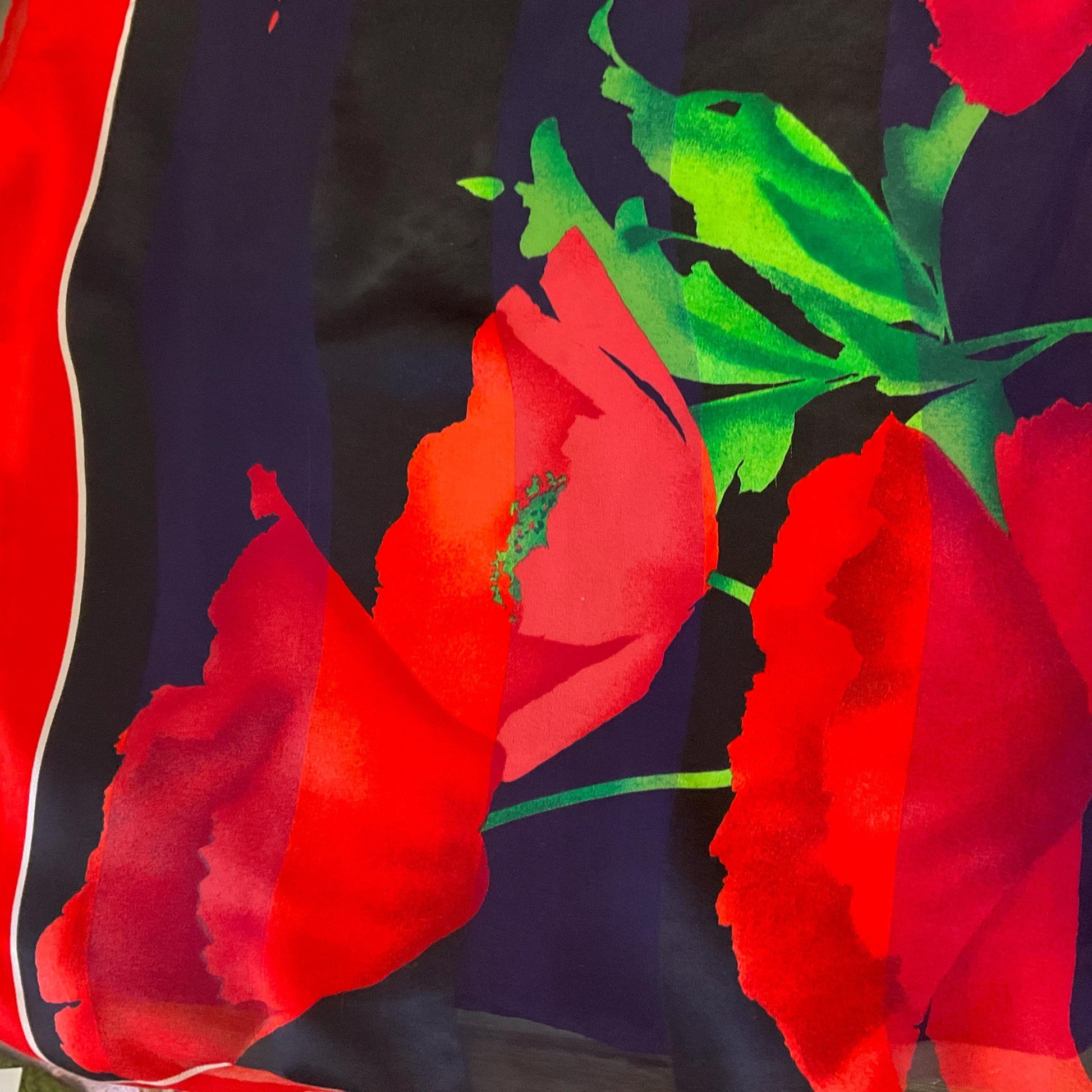 Vintage JAEGER Large Pure Silk Chiffon Devorè Poppies Print Scarf, Vibrant poppy print with hand rolled hem