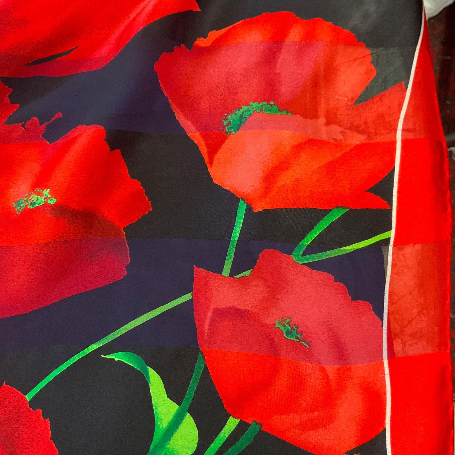 Vintage JAEGER Large Pure Silk Chiffon Devorè Poppies Print Scarf, Vibrant poppy print with hand rolled hem
