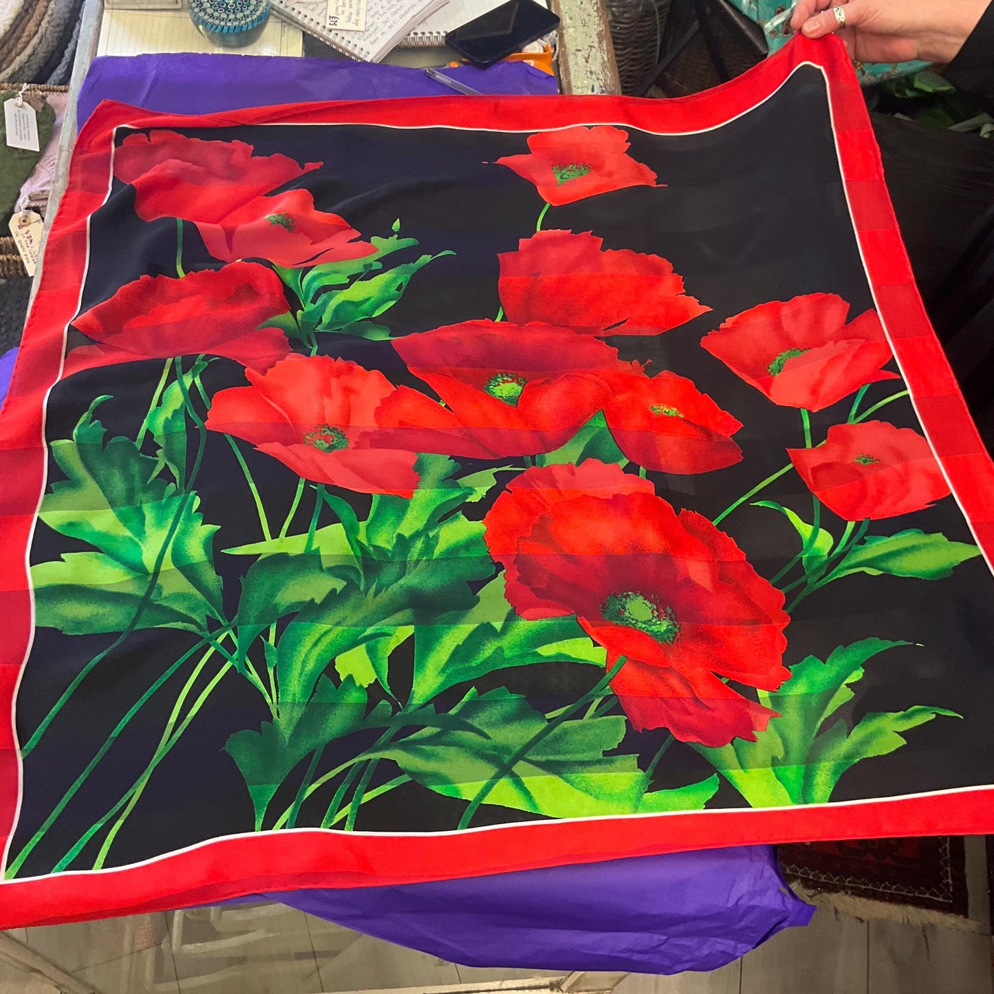 Vintage JAEGER Large Pure Silk Chiffon Devorè Poppies Print Scarf, Vibrant poppy print with hand rolled hem