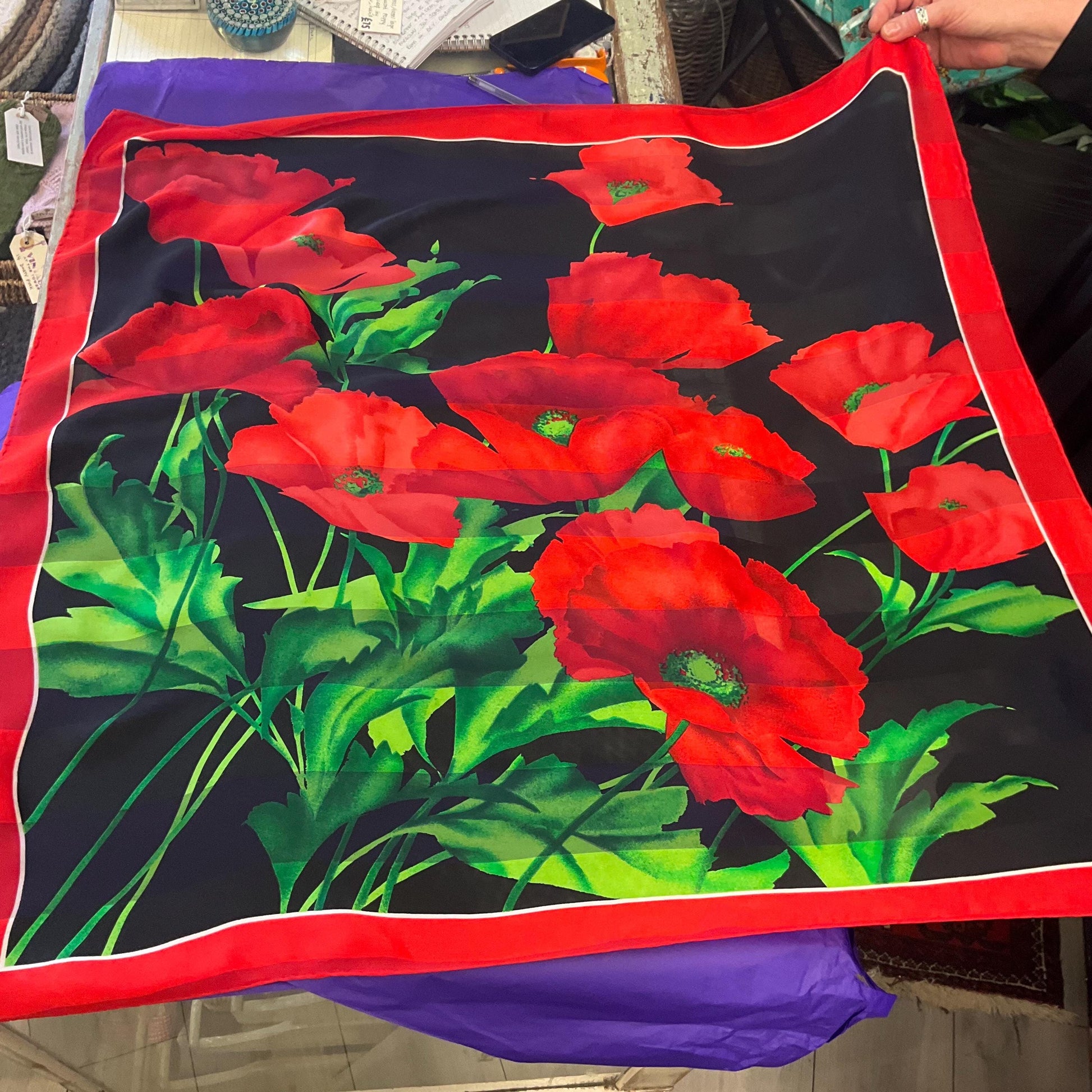 Vintage JAEGER Large Pure Silk Chiffon Devorè Poppies Print Scarf, Vibrant poppy print with hand rolled hem