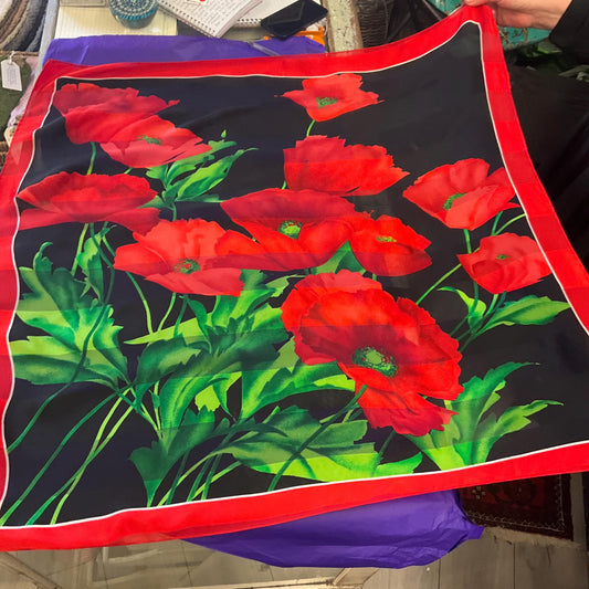 Vintage JAEGER Large Pure Silk Chiffon Devorè Poppies Print Scarf, Vibrant poppy print with hand rolled hem