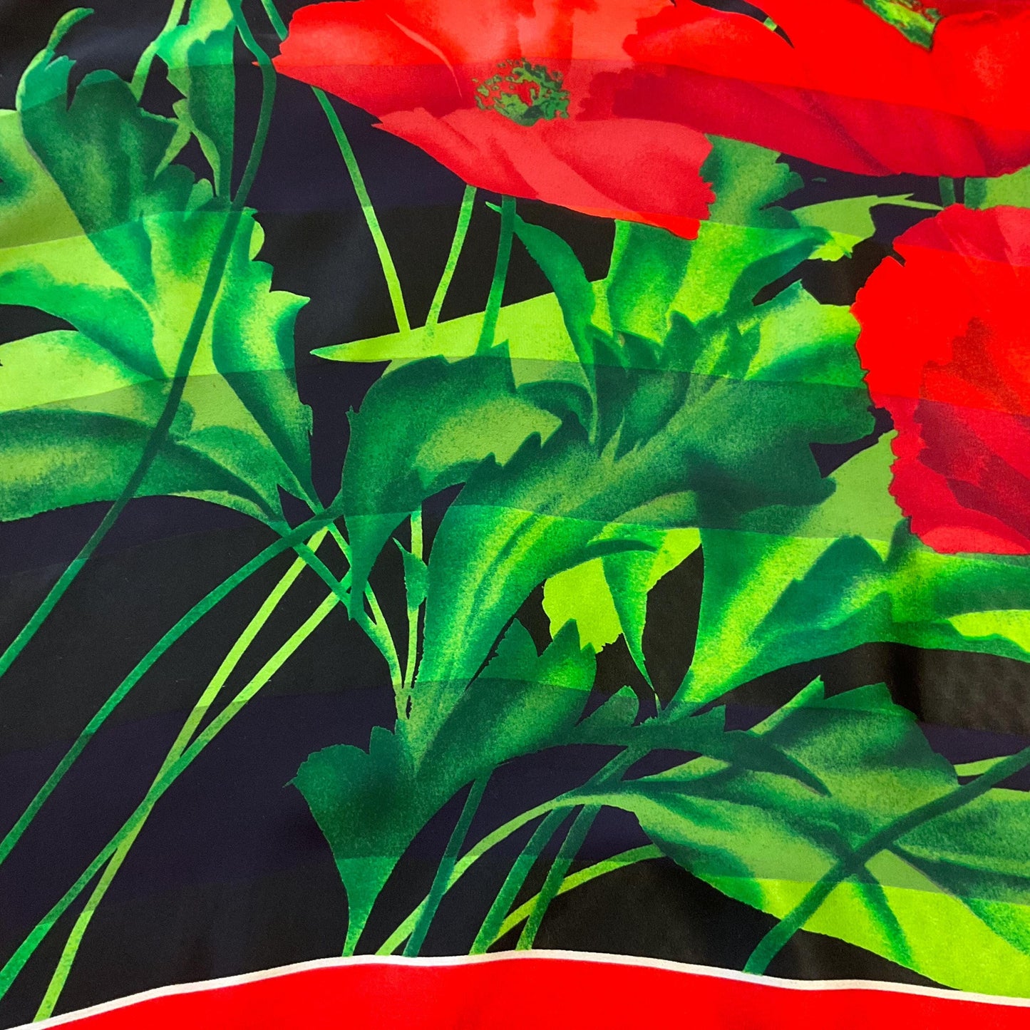 Vintage JAEGER Large Pure Silk Chiffon Devorè Poppies Print Scarf, Vibrant poppy print with hand rolled hem
