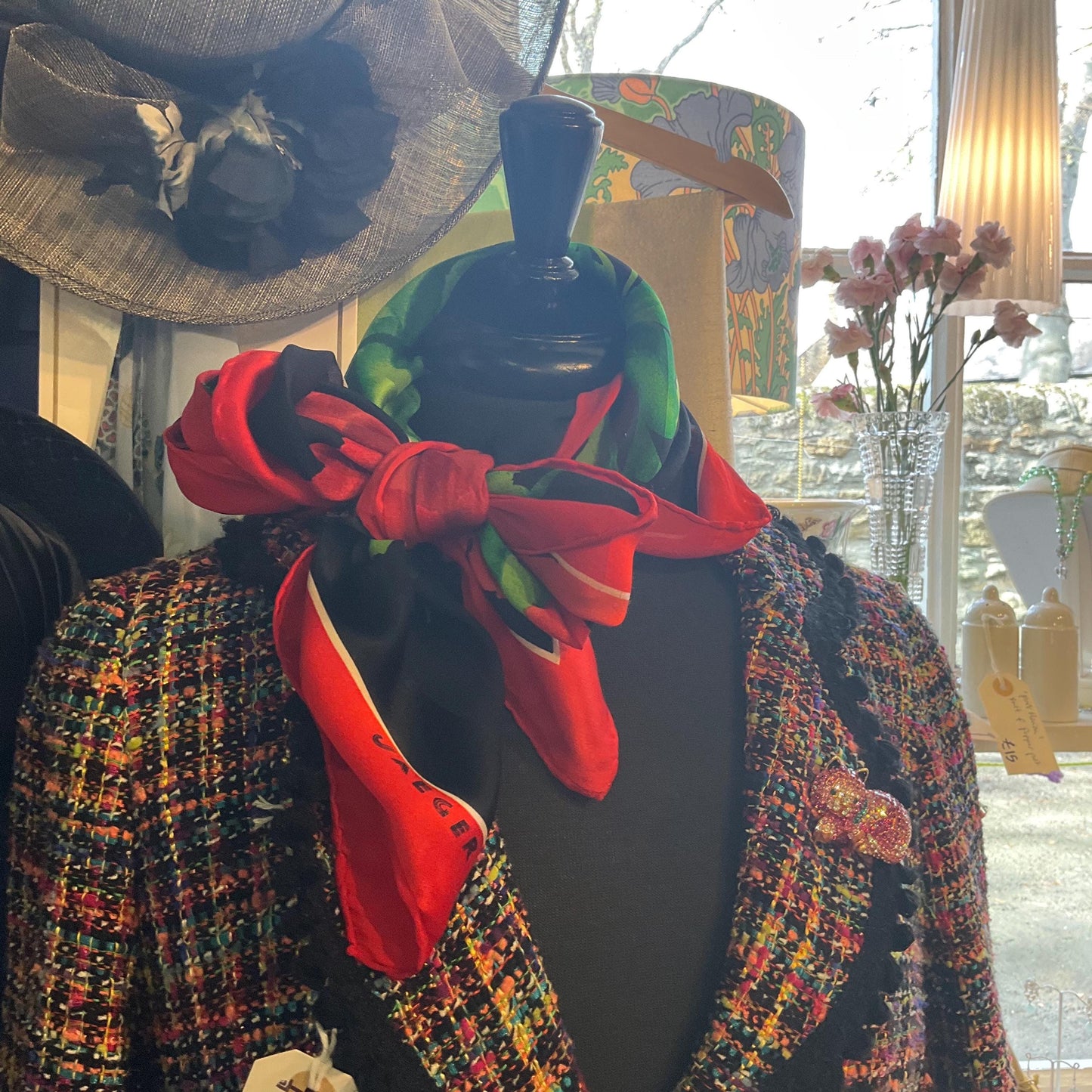 Vintage JAEGER Large Pure Silk Chiffon Devorè Poppies Print Scarf, Vibrant poppy print with hand rolled hem
