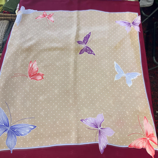 Vintage HANAE MORI ( Madame Butterfly) 1970s/1980s Large Pure Silk Butterflies Scarf, Polka dots and butterfly print