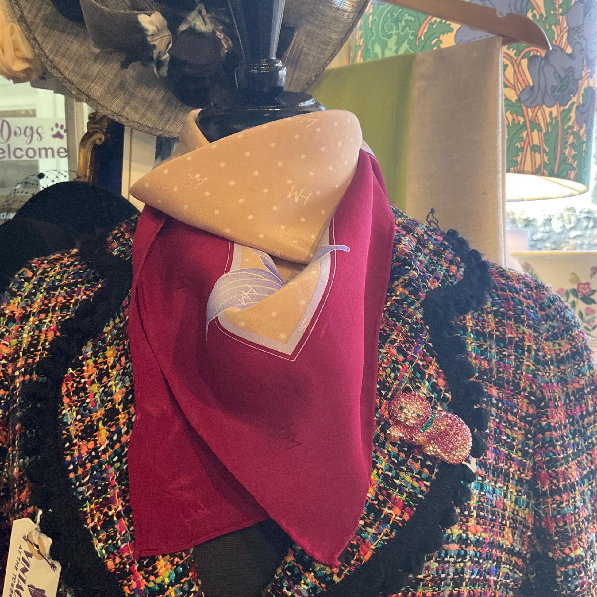 Vintage HANAE MORI ( Madame Butterfly) 1970s/1980s Large Pure Silk Butterflies Scarf, Polka dots and butterfly print