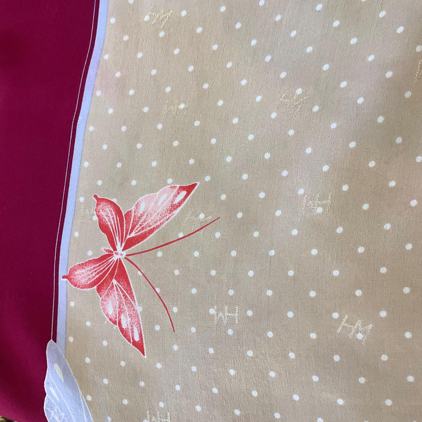 Vintage HANAE MORI ( Madame Butterfly) 1970s/1980s Large Pure Silk Butterflies Scarf, Polka dots and butterfly print