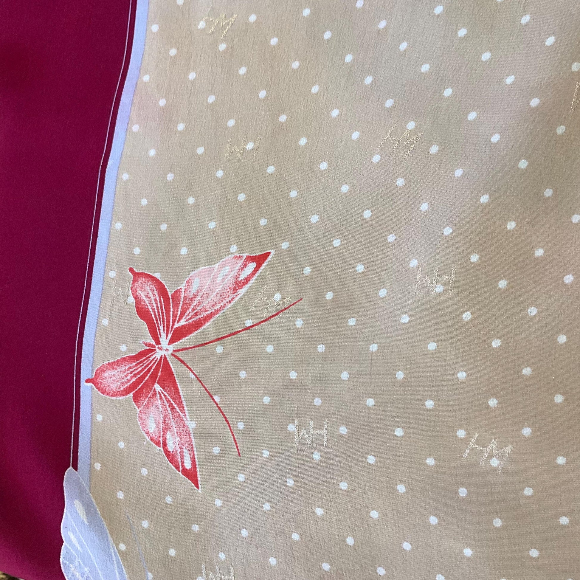 Vintage HANAE MORI ( Madame Butterfly) 1970s/1980s Large Pure Silk Butterflies Scarf, Polka dots and butterfly print