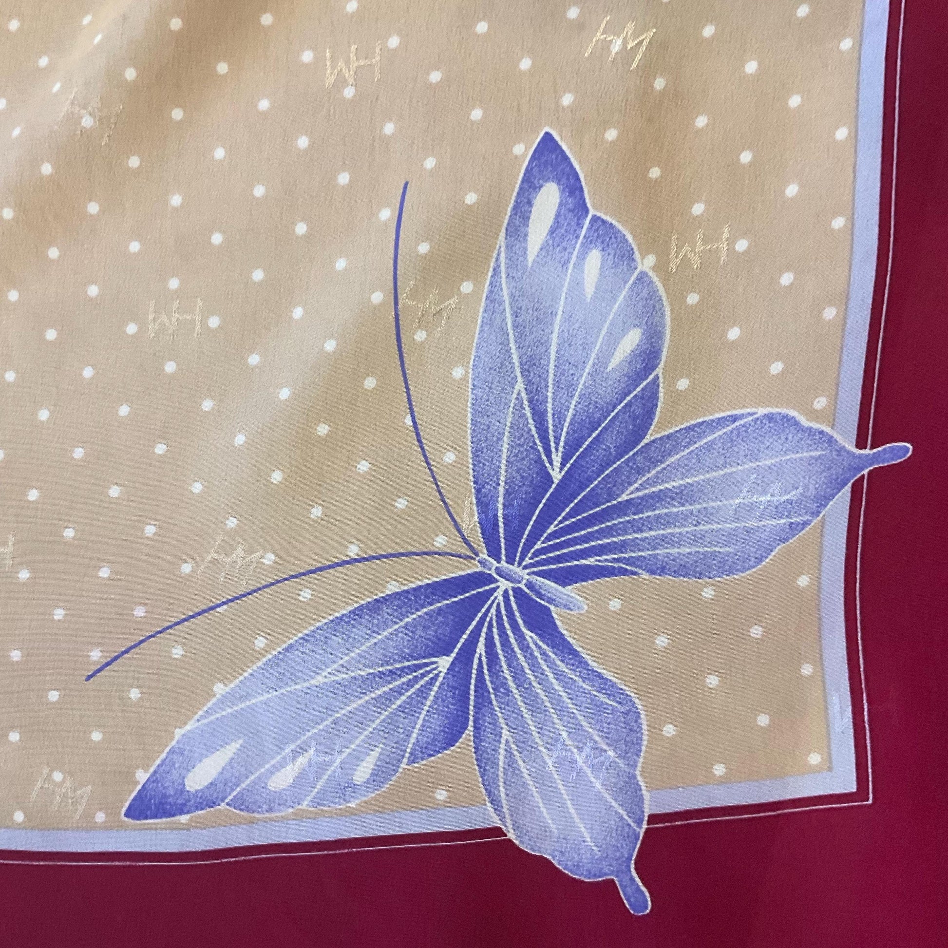 Vintage HANAE MORI ( Madame Butterfly) 1970s/1980s Large Pure Silk Butterflies Scarf, Polka dots and butterfly print