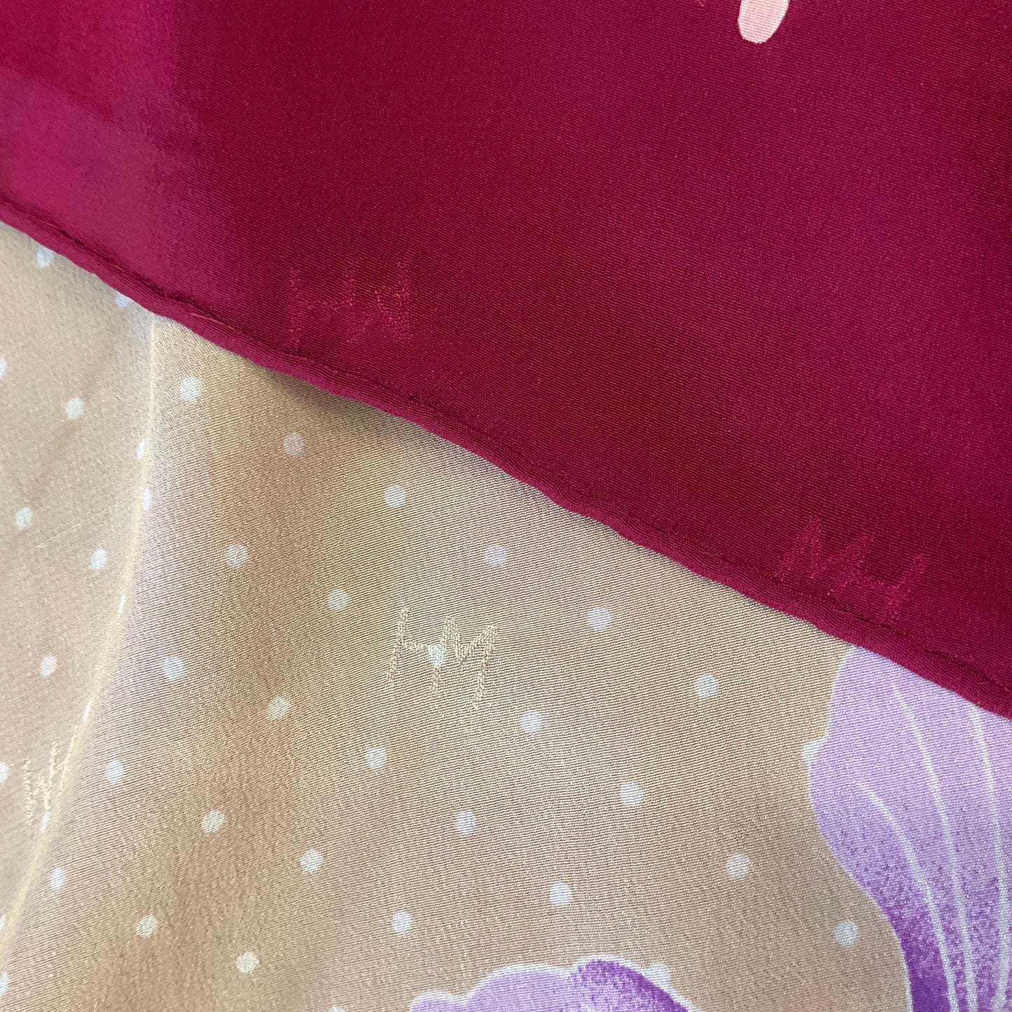 Vintage HANAE MORI ( Madame Butterfly) 1970s/1980s Large Pure Silk Butterflies Scarf, Polka dots and butterfly print
