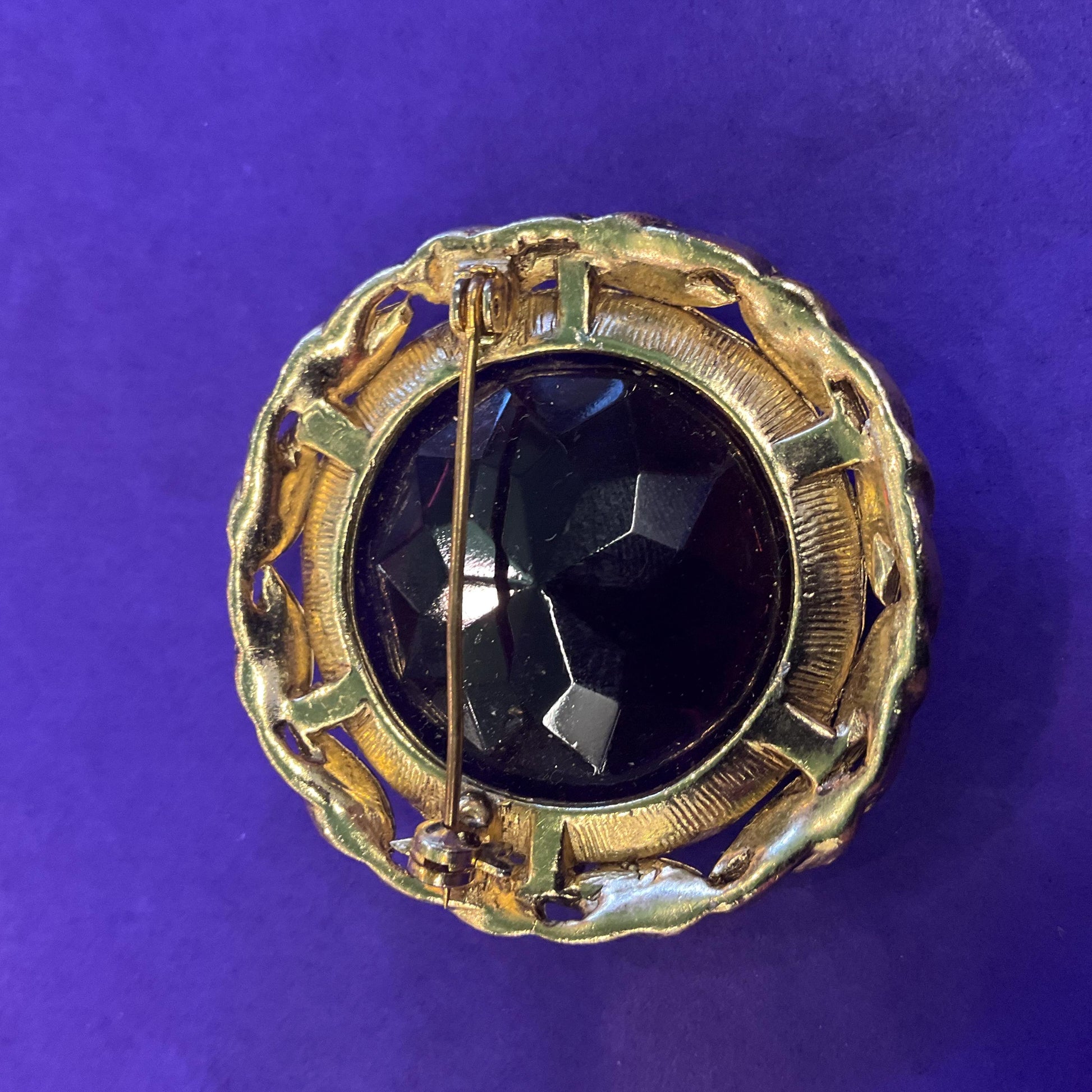 Vintage 1980s Brooch Cluster, 5 brooches gold tone with Dark Purple Agate, inc Sarah Coventry