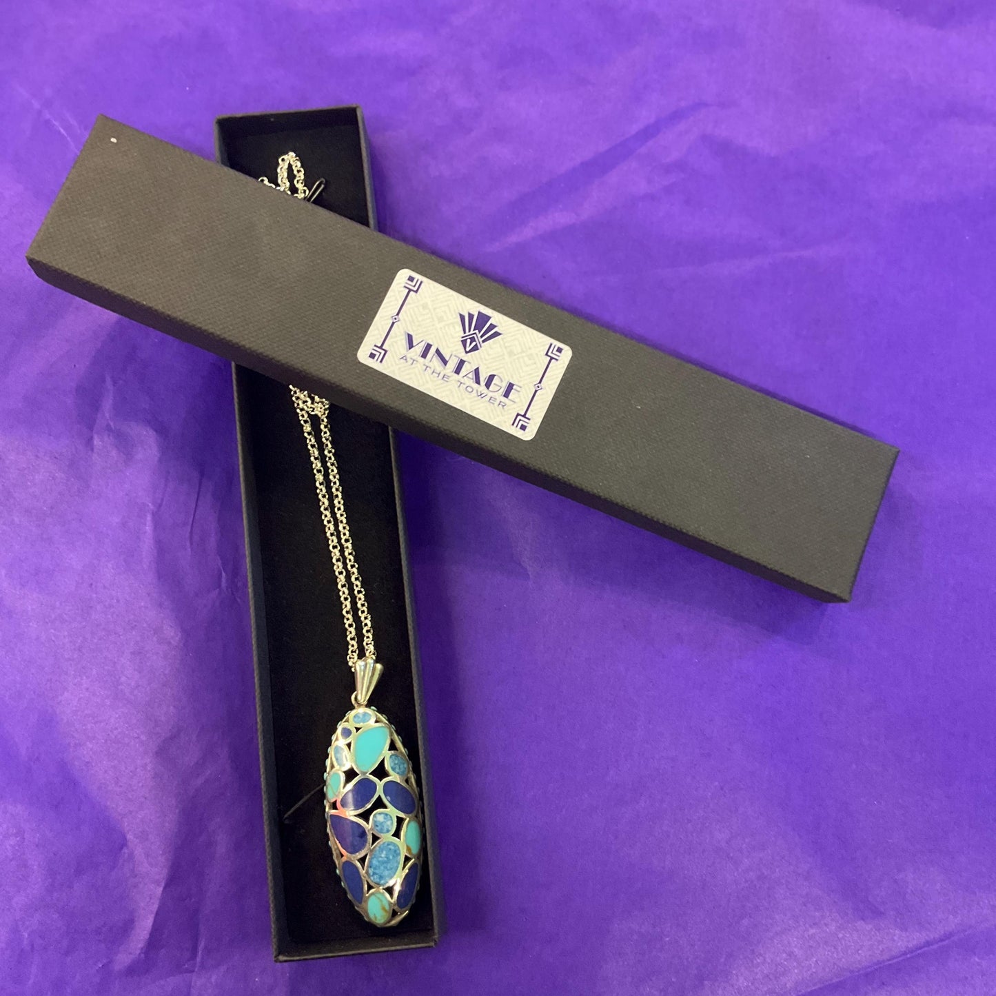 Vintage Silver (925), Turquoise and Lapis Lazuli Large oval cut work Pendant, Artisan made with Silver plated chain