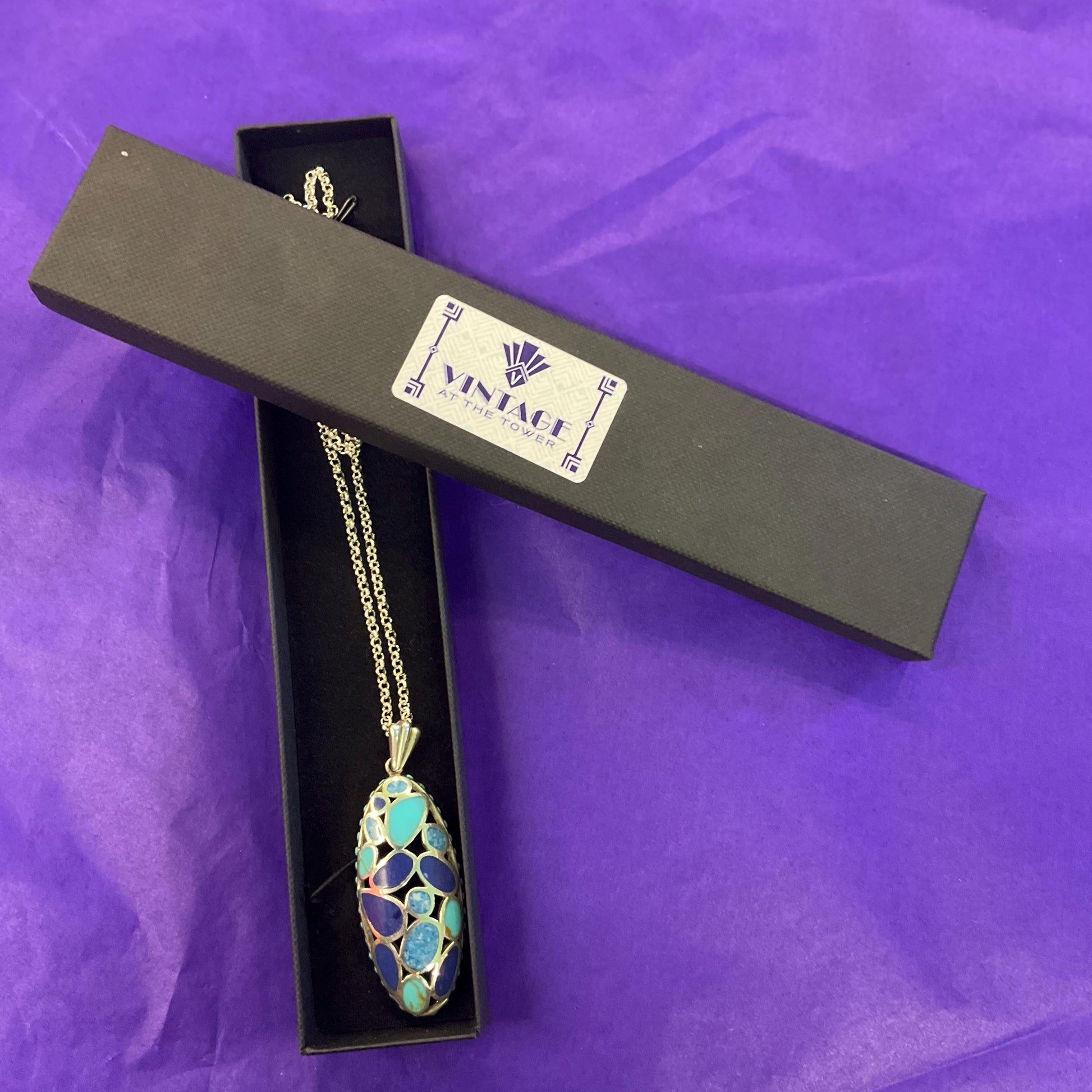 Vintage Silver (925), Turquoise and Lapis Lazuli Large oval cut work Pendant, Artisan made with Silver plated chain