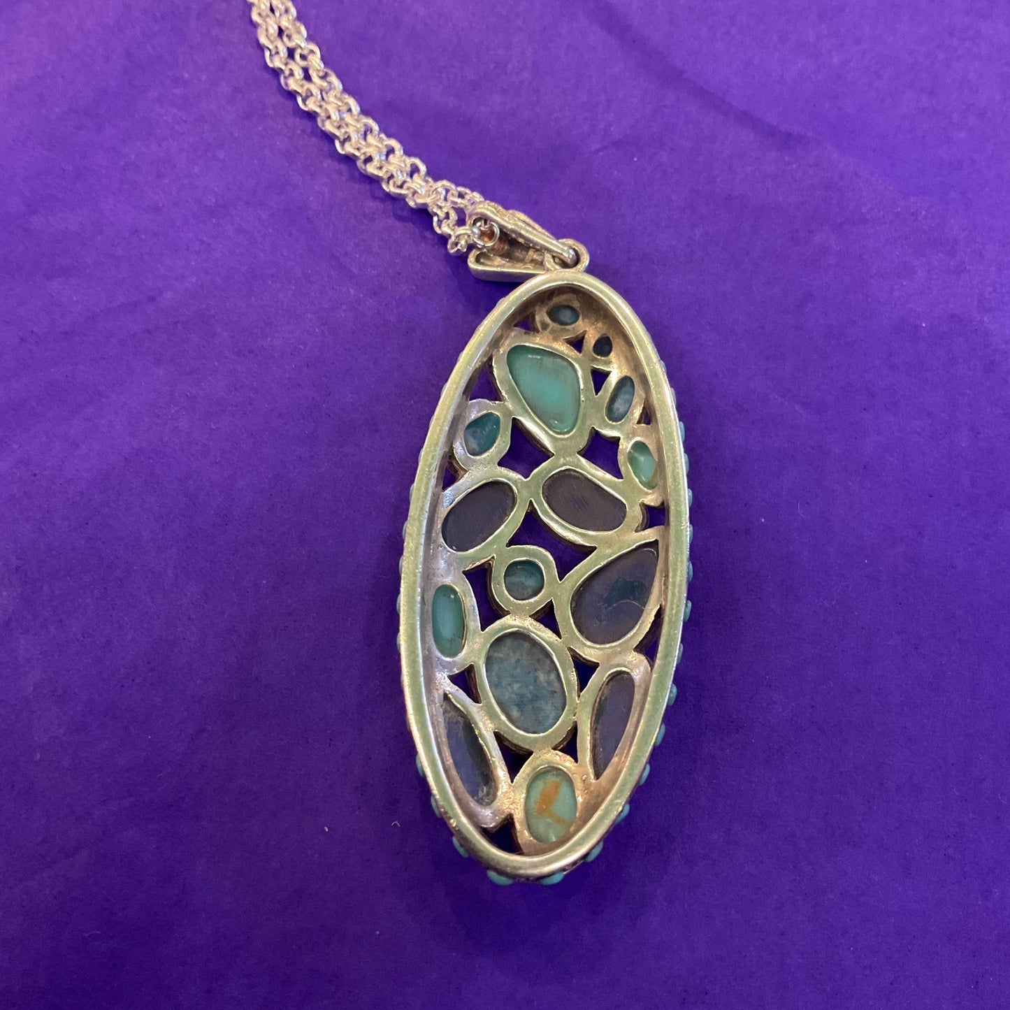 Vintage Silver (925), Turquoise and Lapis Lazuli Large oval cut work Pendant, Artisan made with Silver plated chain