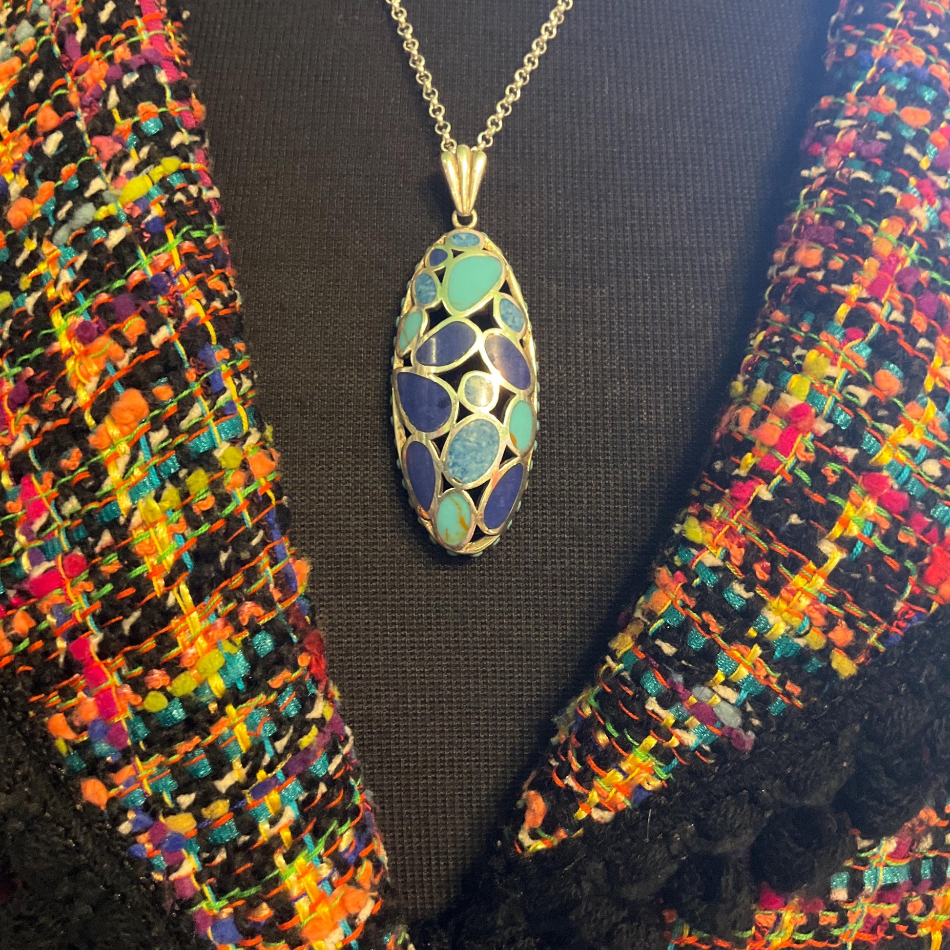 Vintage Silver (925), Turquoise and Lapis Lazuli Large oval cut work Pendant, Artisan made with Silver plated chain