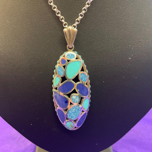 Vintage Silver (925), Turquoise and Lapis Lazuli Large oval cut work Pendant, Artisan made with Silver plated chain