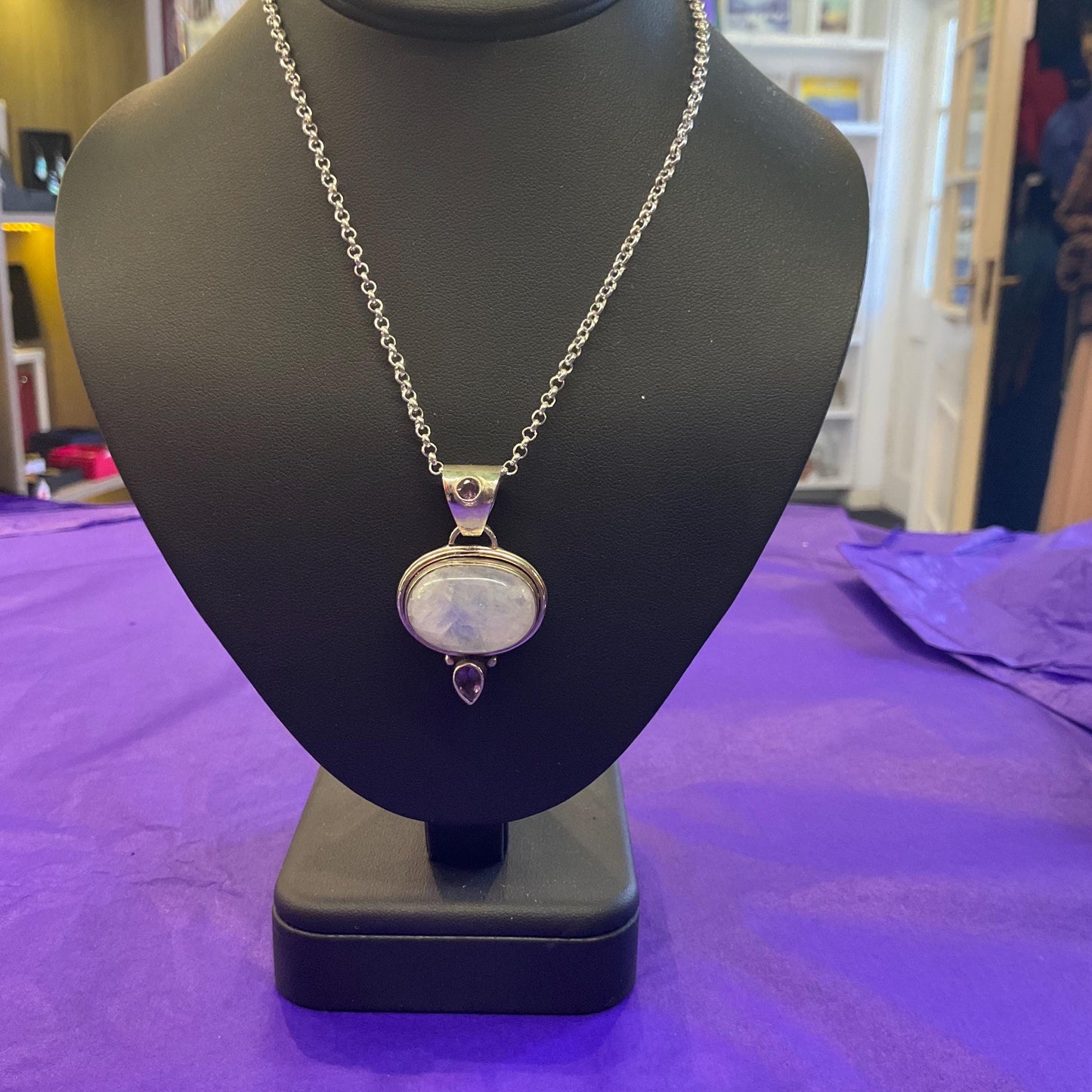 Vintage Silver (925), Moonstone and Amethyst Pendant Necklace, Artisan Made with a silver plated chain