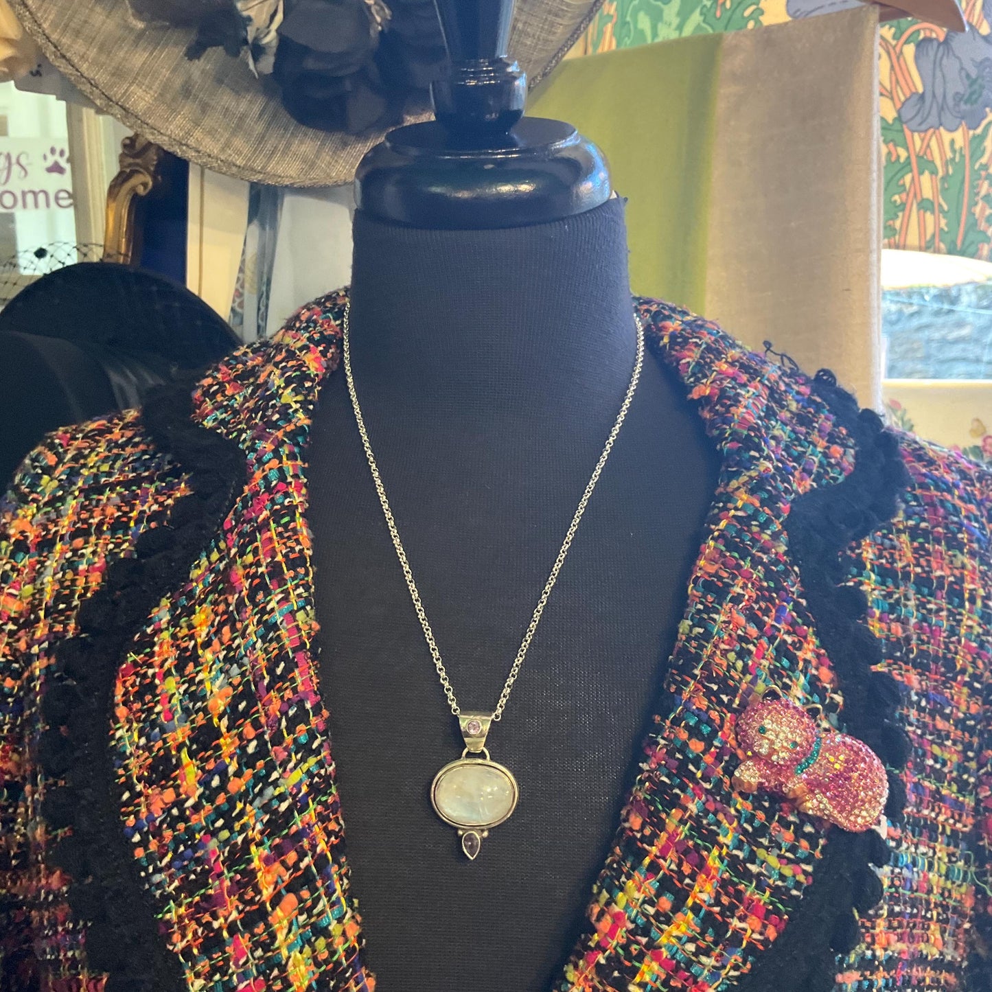 Vintage Silver (925), Moonstone and Amethyst Pendant Necklace, Artisan Made with a silver plated chain