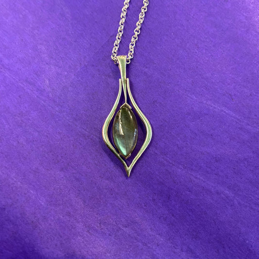Vintage Labradonite and 925 Silver Art Nouveau Style Large Pendant, 24” Silver Plated Chain