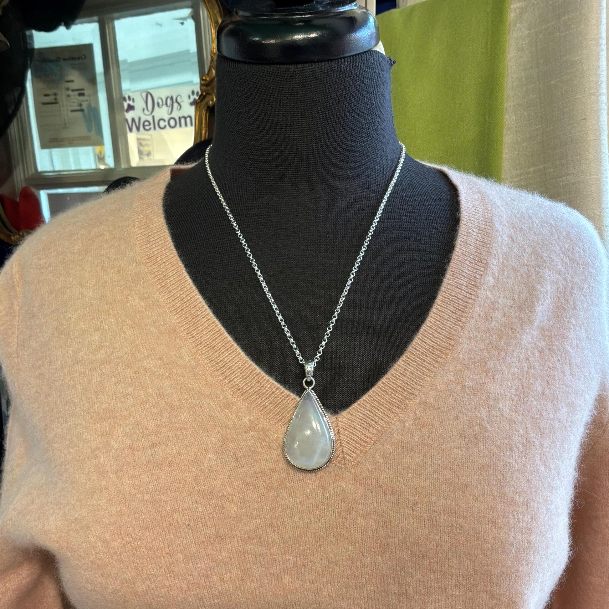 Vintage Large Moonstone Teardrop Shaped Silver Pendant, 20” Silver Plated Chain
