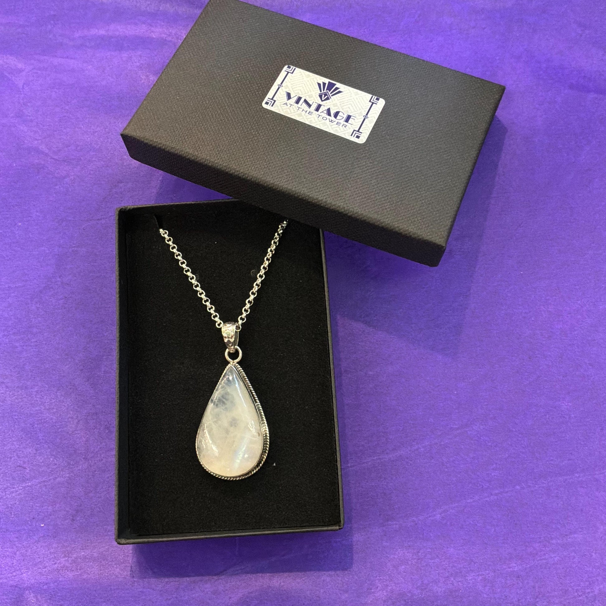 Vintage Large Moonstone Teardrop Shaped Silver Pendant, 20” Silver Plated Chain