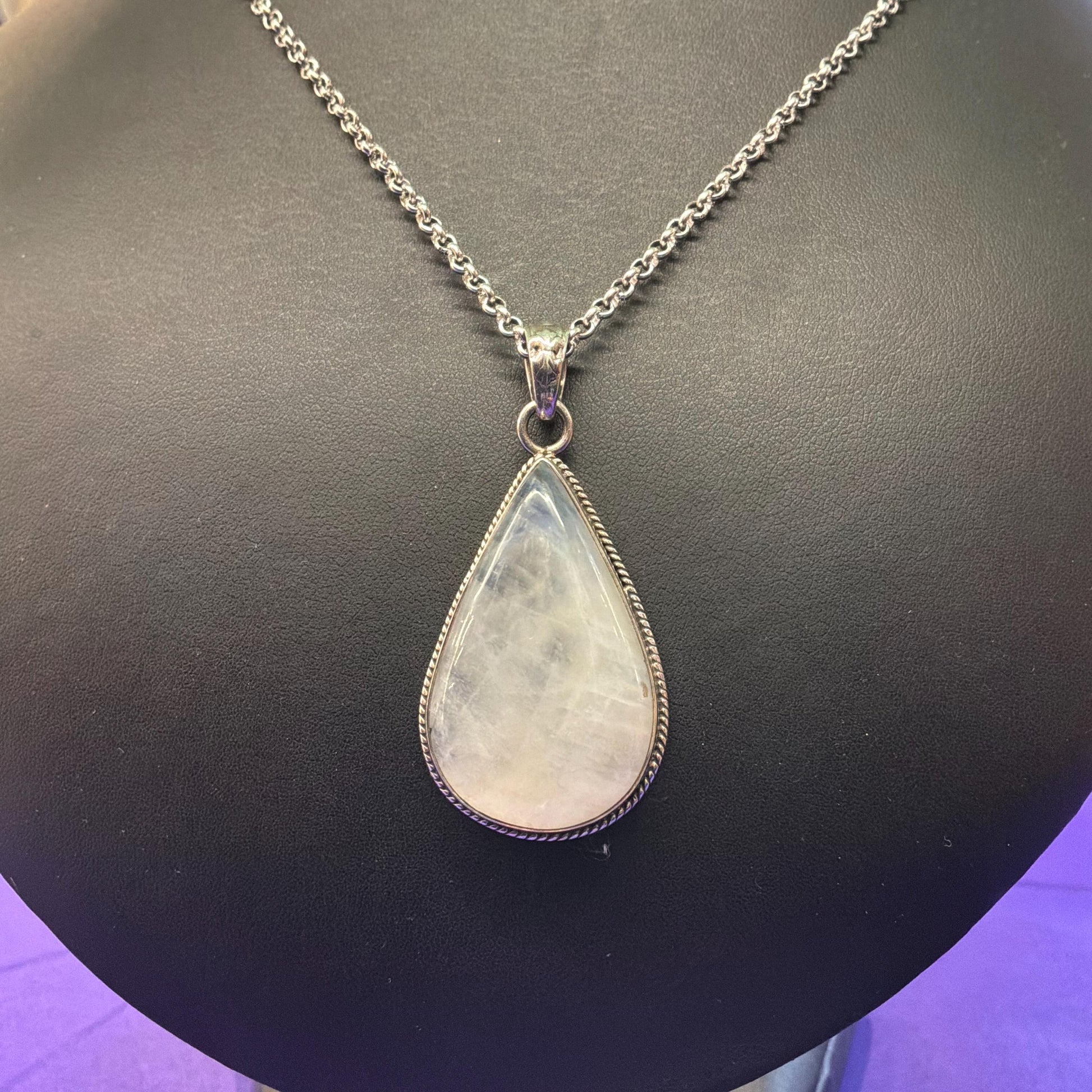 Vintage Large Moonstone Teardrop Shaped Silver Pendant, 20” Silver Plated Chain