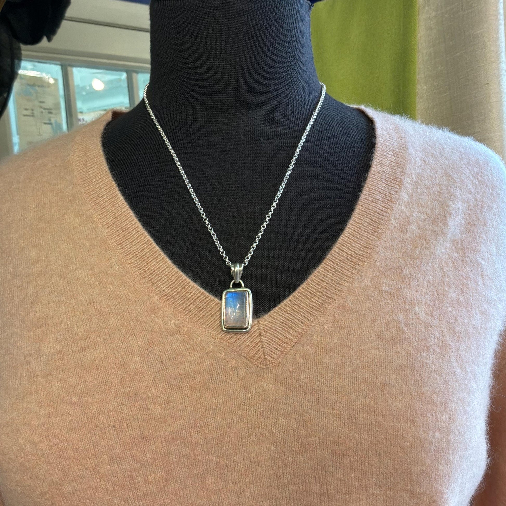 Vintage Artisan Jeweller Made Silver and Moonstone Pendant, 20” Silver Plated Chain