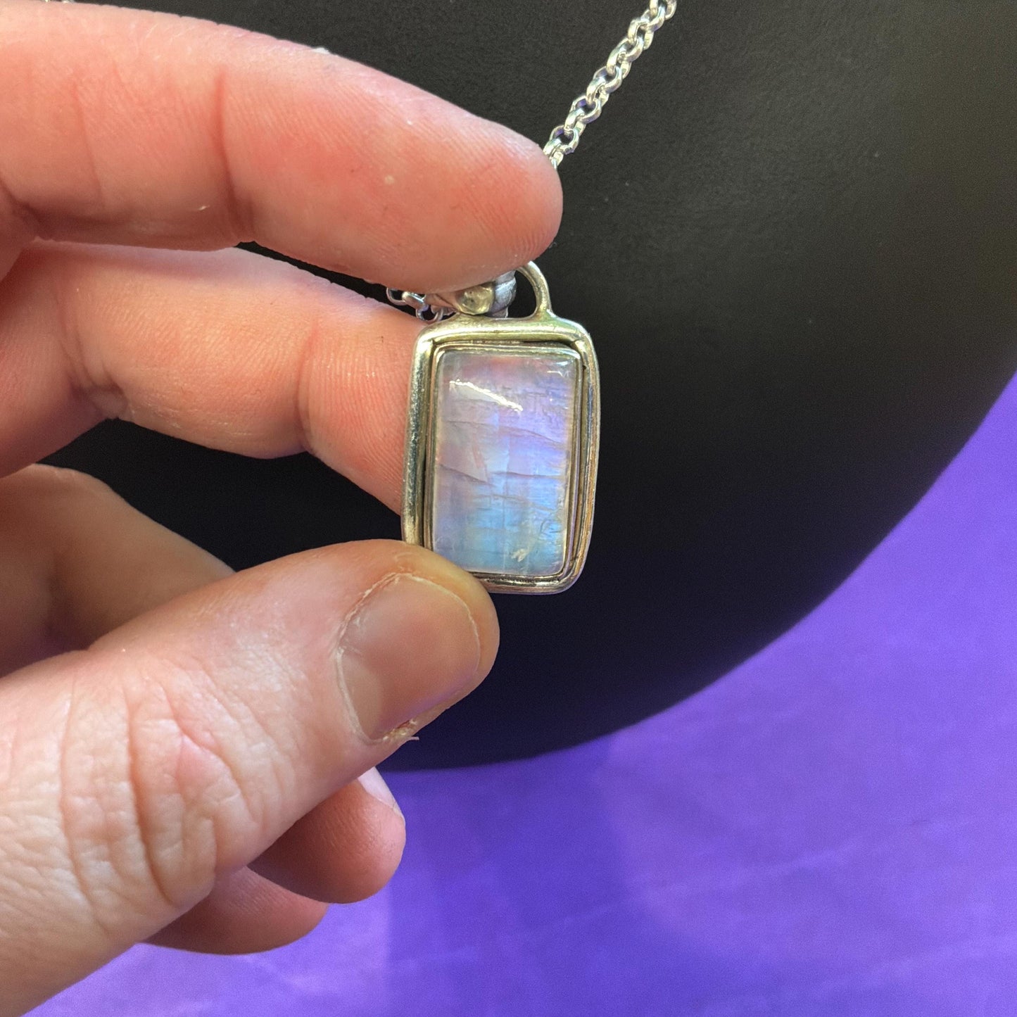 Vintage Artisan Jeweller Made Silver and Moonstone Pendant, 20” Silver Plated Chain