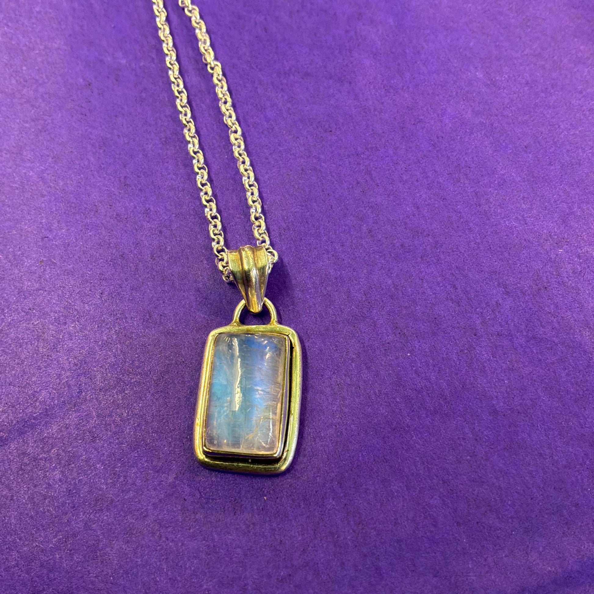 Vintage Artisan Jeweller Made Silver and Moonstone Pendant, 20” Silver Plated Chain