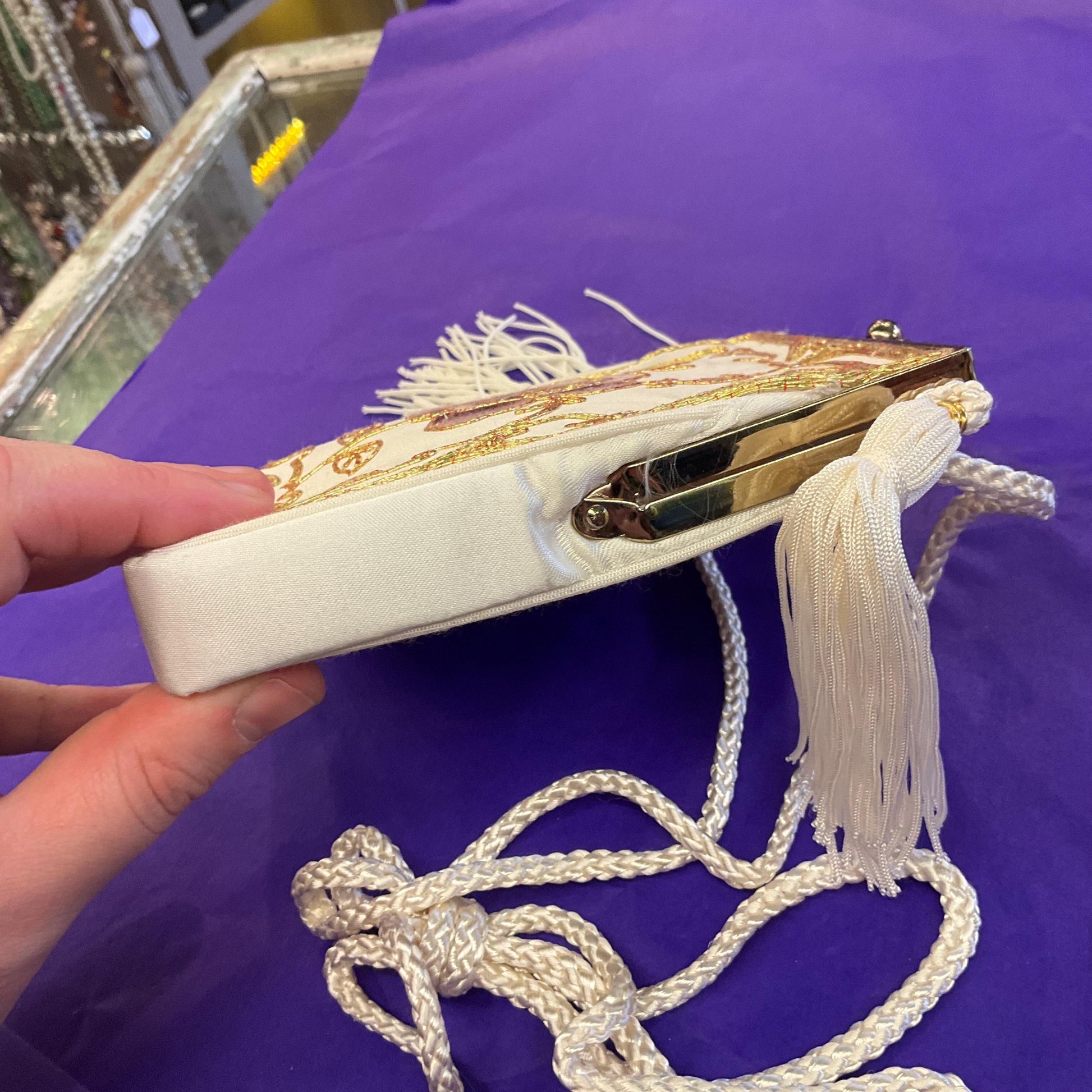 Vintage 1970s/80s Ivory Satin Evening Bag with Rose Embroidery and Gold metallic wire work , silky cord shoulder strap and tassels