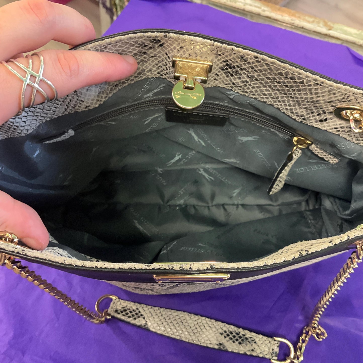 Vintage PAUL COSTELLO Large Black and Grey Leather Shoulder Bag, Faux snakeskin Print Leather and Gold Tone Chains