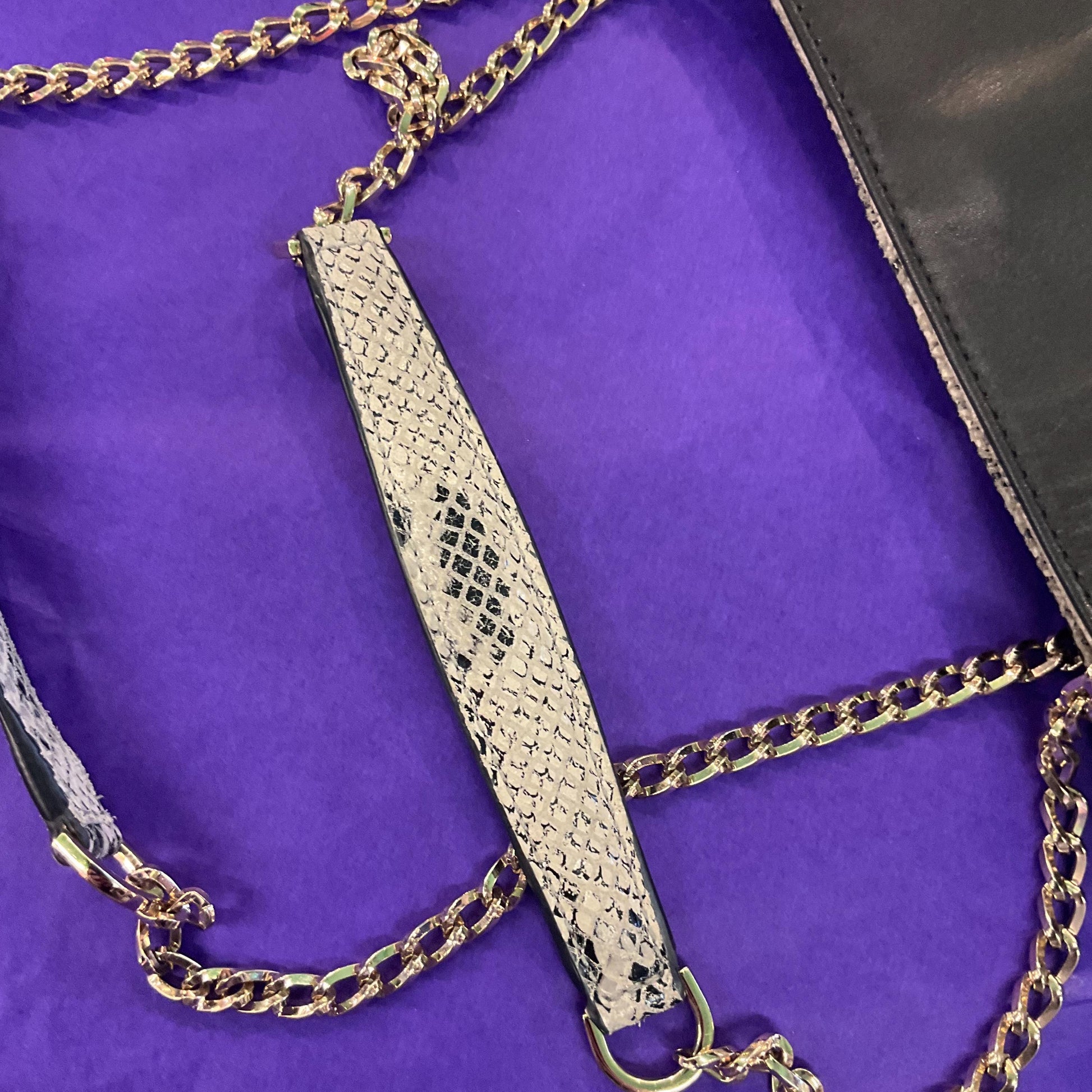 Vintage PAUL COSTELLO Large Black and Grey Leather Shoulder Bag, Faux snakeskin Print Leather and Gold Tone Chains
