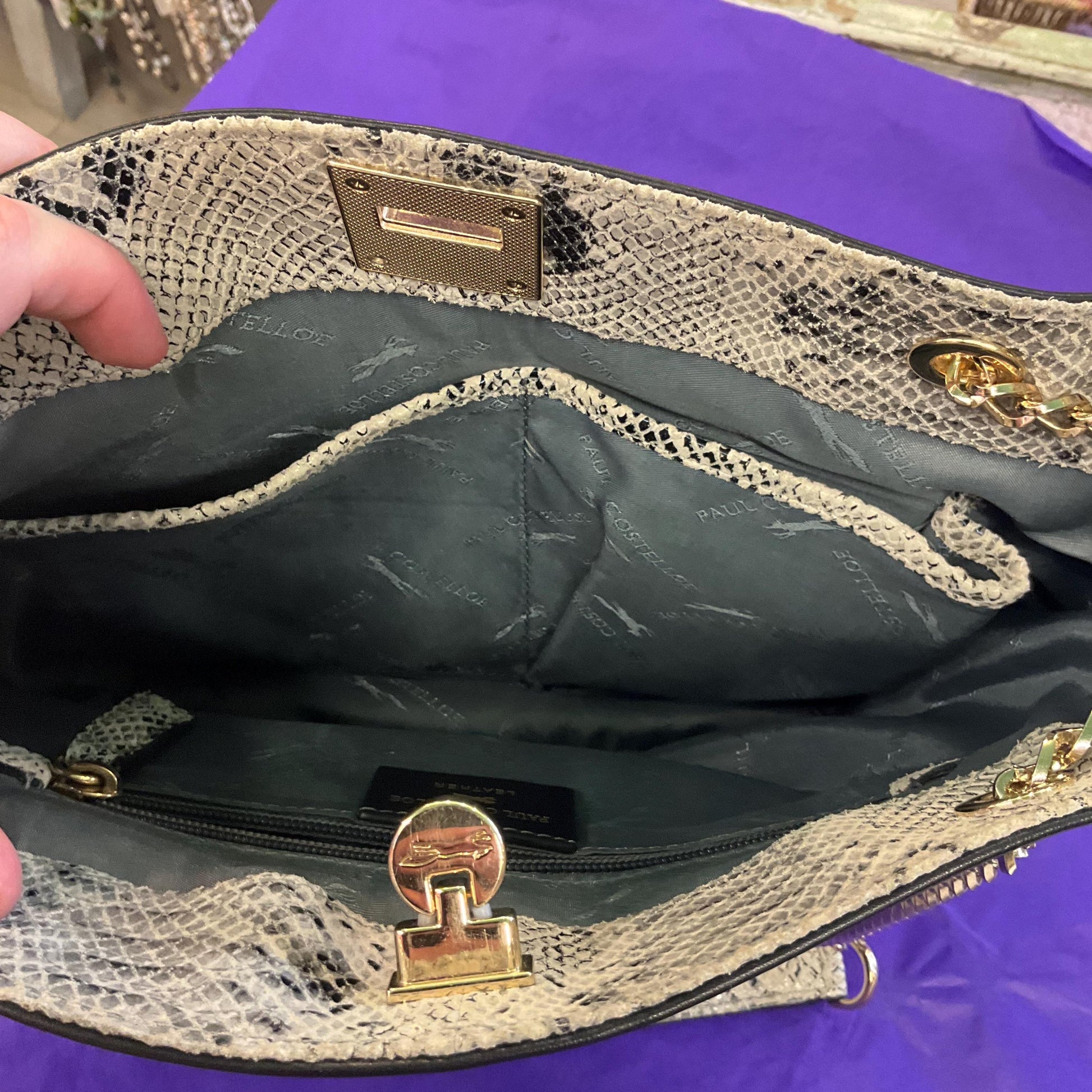 Vintage PAUL COSTELLO Large Black and Grey Leather Shoulder Bag, Faux snakeskin Print Leather and Gold Tone Chains