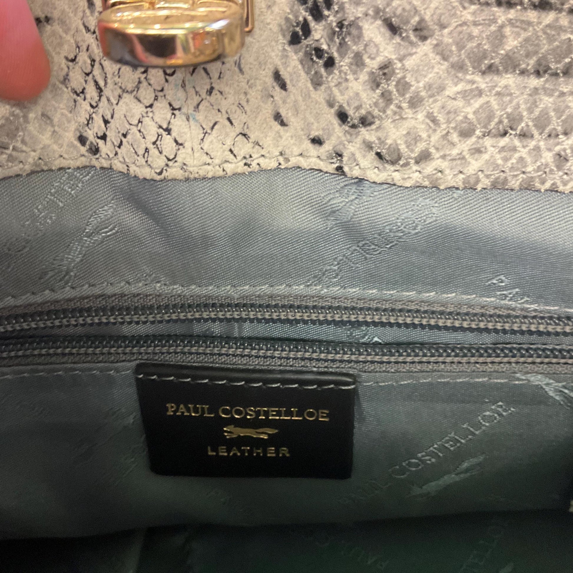 Vintage PAUL COSTELLO Large Black and Grey Leather Shoulder Bag, Faux snakeskin Print Leather and Gold Tone Chains