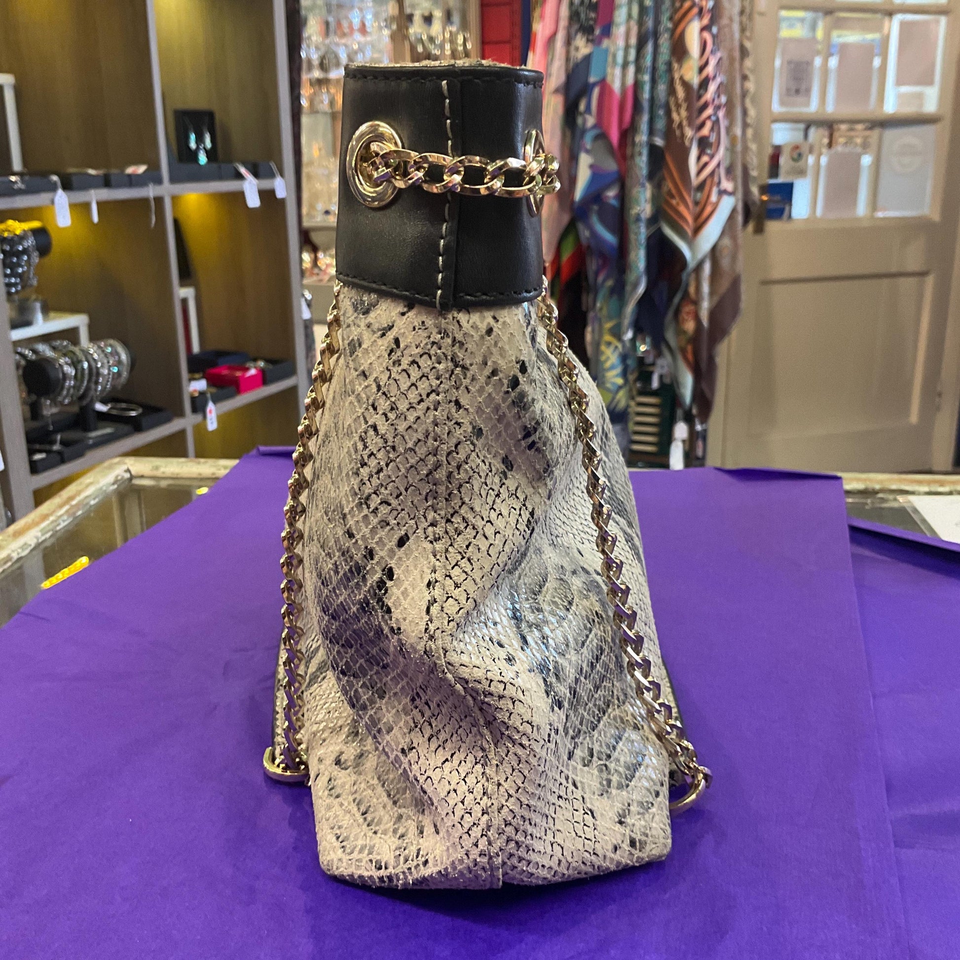 Vintage PAUL COSTELLO Large Black and Grey Leather Shoulder Bag, Faux snakeskin Print Leather and Gold Tone Chains
