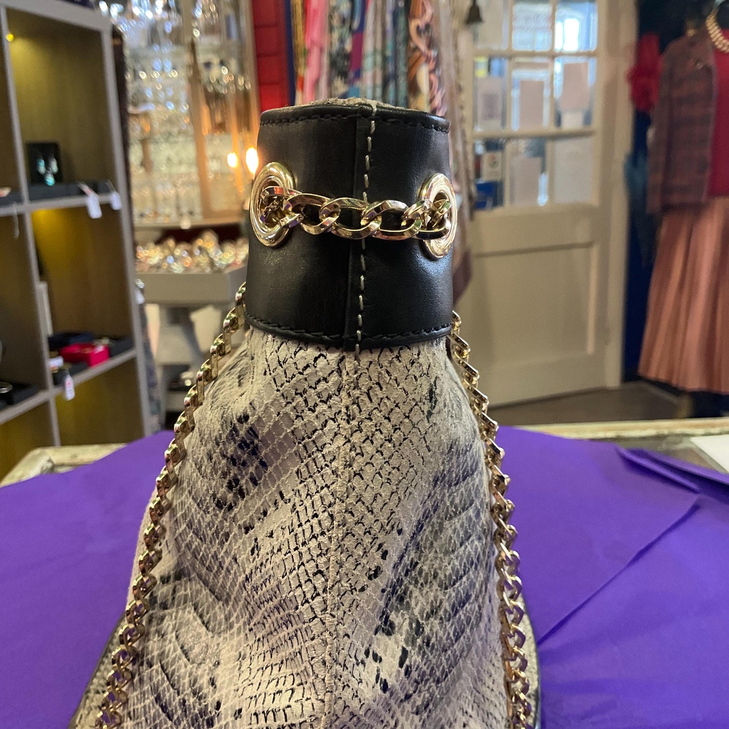 Vintage PAUL COSTELLO Large Black and Grey Leather Shoulder Bag, Faux snakeskin Print Leather and Gold Tone Chains