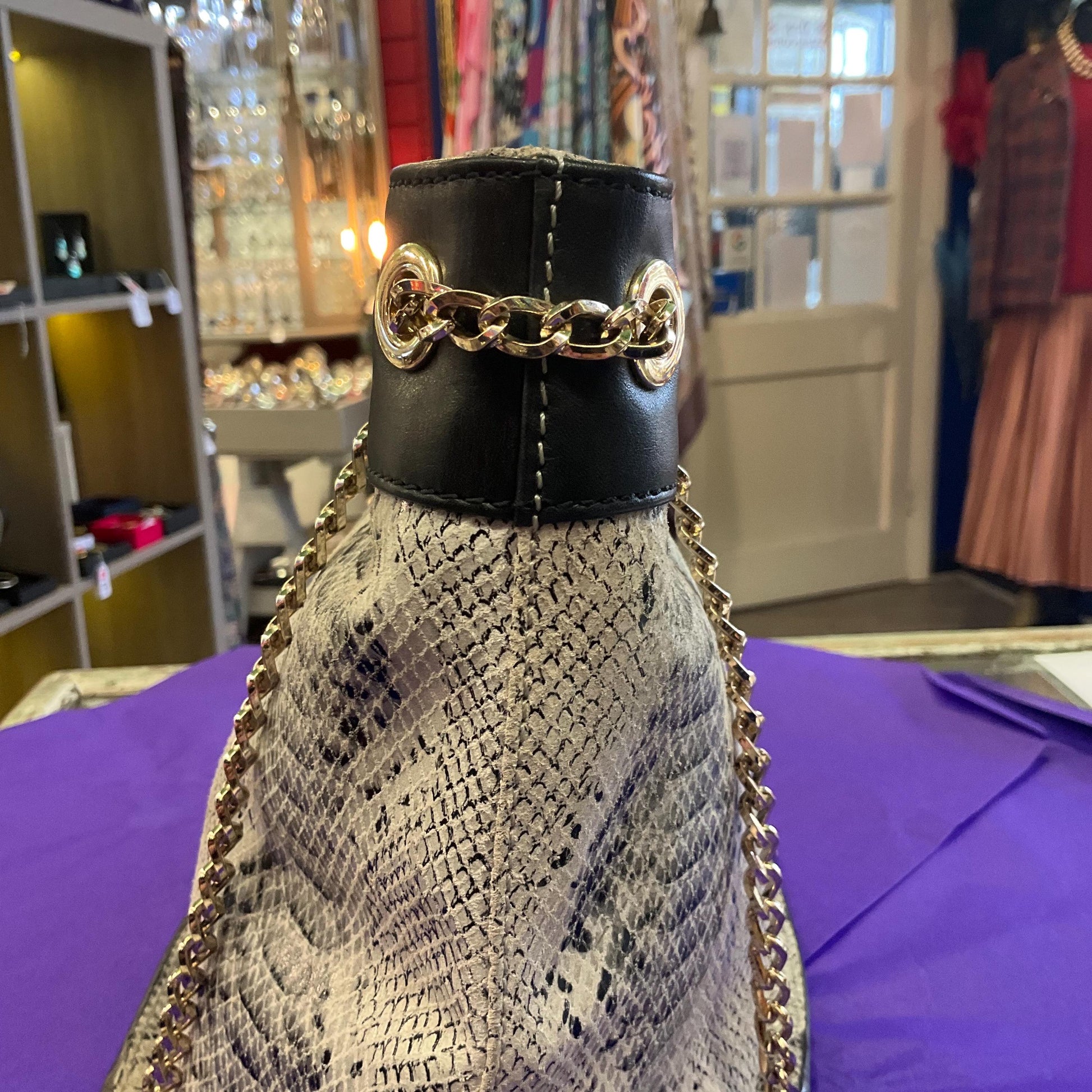 Vintage PAUL COSTELLO Large Black and Grey Leather Shoulder Bag, Faux snakeskin Print Leather and Gold Tone Chains