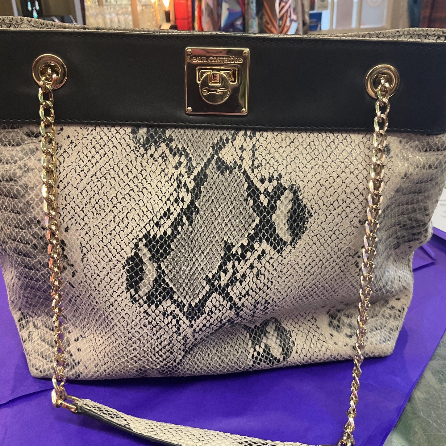 Vintage PAUL COSTELLO Large Black and Grey Leather Shoulder Bag, Faux snakeskin Print Leather and Gold Tone Chains